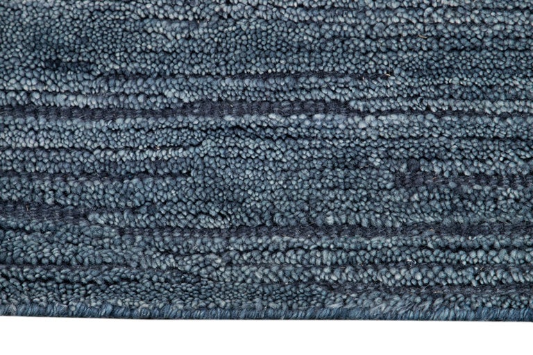 Modern Textured Handmade Striped Pattern Blue Wool Rug For Sale at 1stDibs