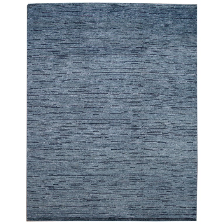Modern Textured Handmade Striped Pattern Blue Wool Rug For Sale at 1stDibs