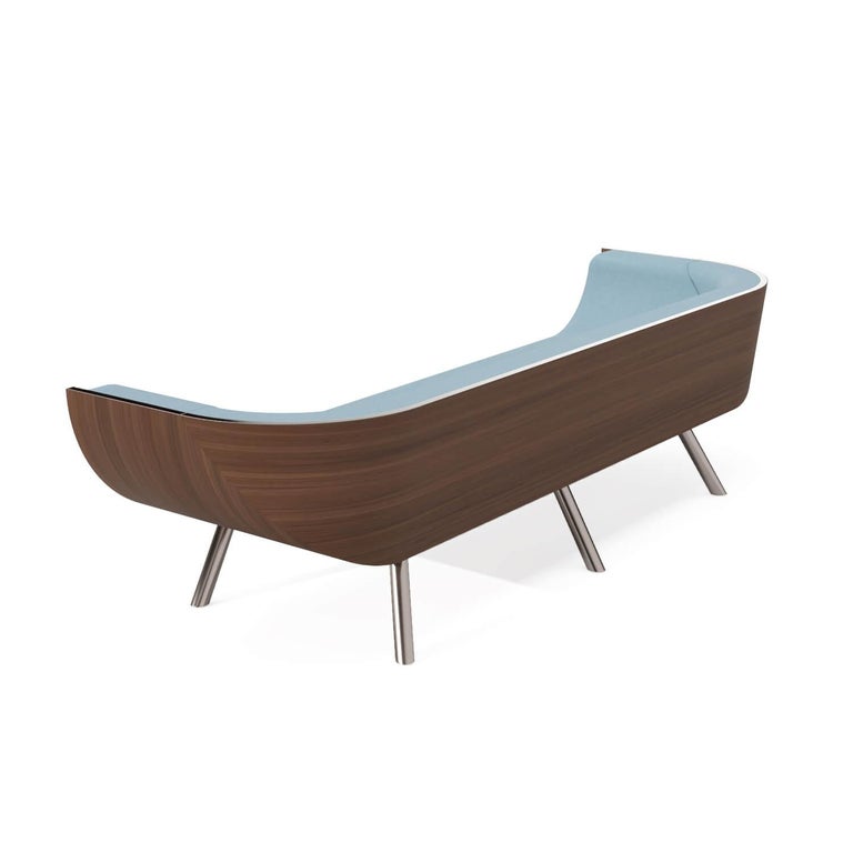 21st Century Modern Curved Back Three-Seater Sofa in Walnut and Stainless Steel For Sale 10