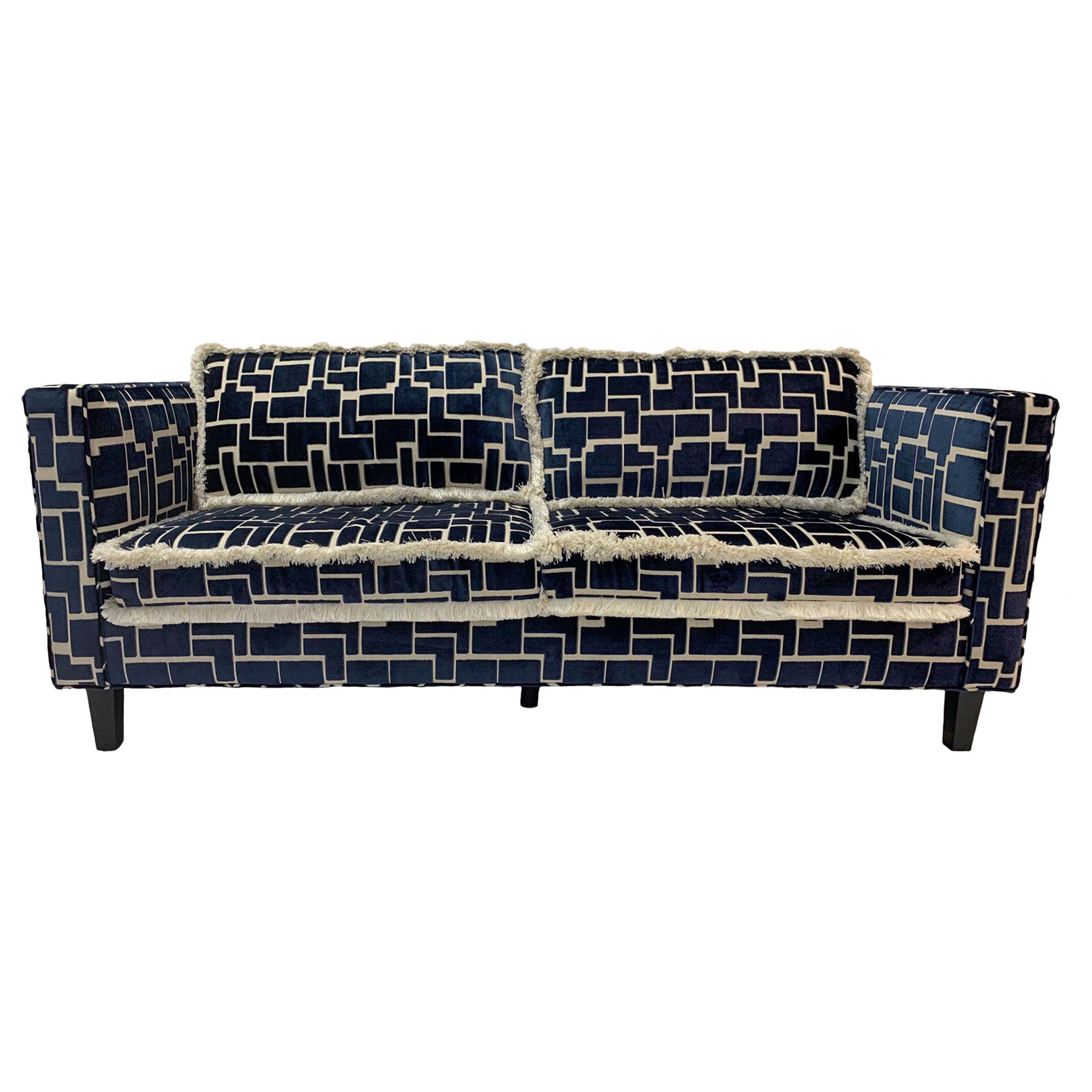 21st Century Modern Track Arm Sofa with Navy and White Computer Circuit Fabric For Sale