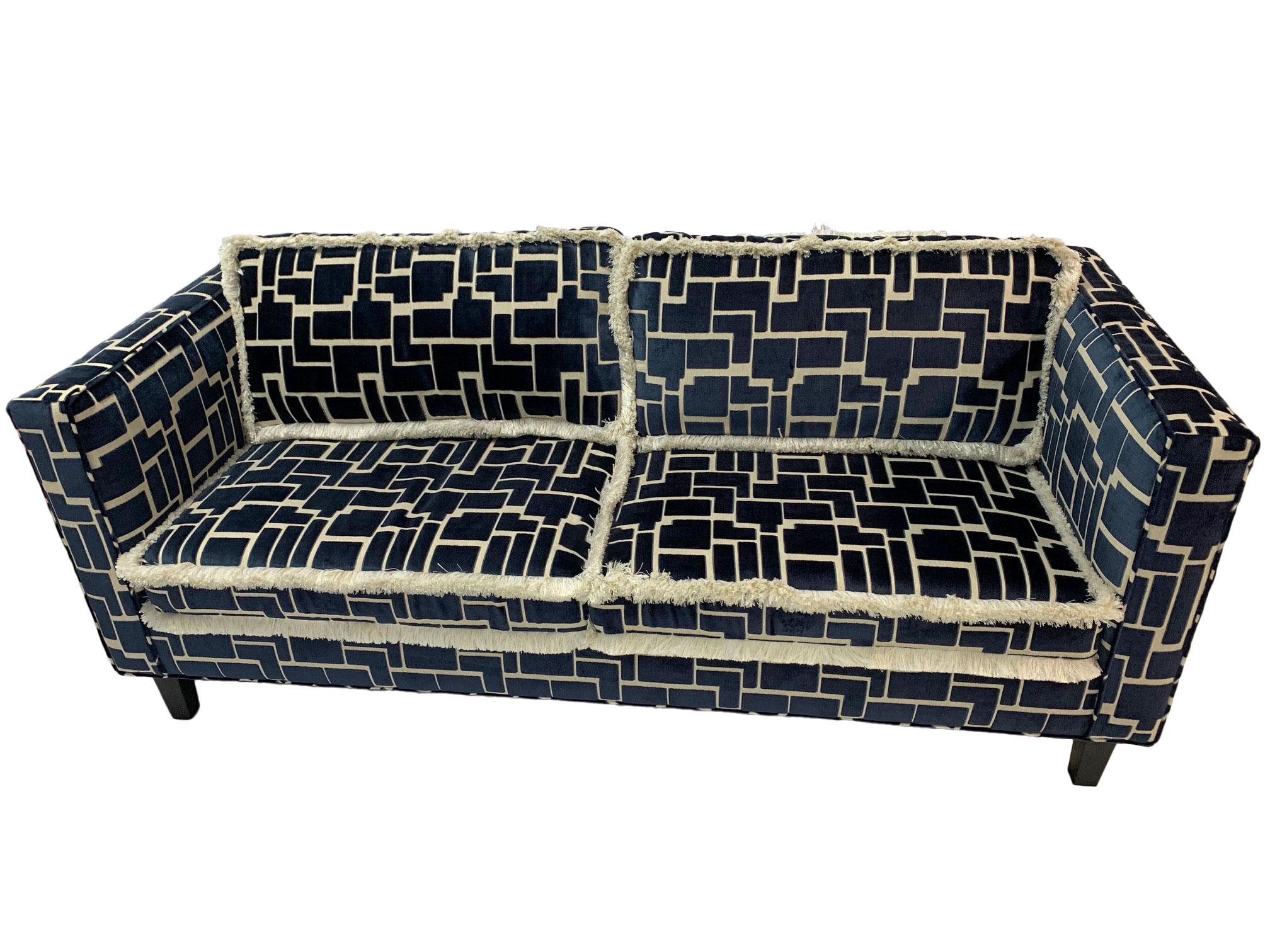 21st Century Modern Track Arm Sofa with Navy and White Computer Circuit Fabric In Good Condition For Sale In San Antonio, TX
