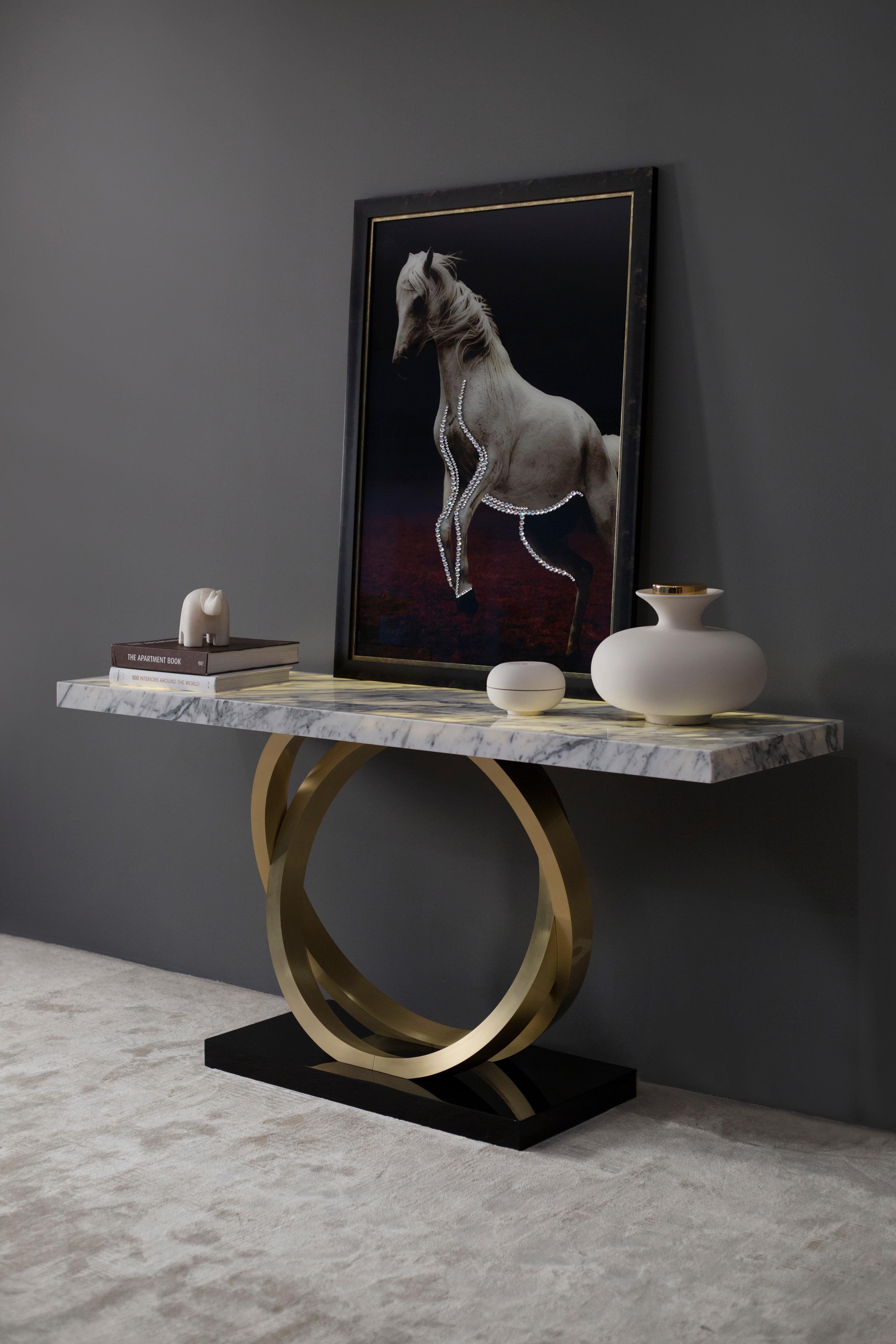 Hand-Crafted Modern Armilar Console Table Calacatta Marble Brass Handmade Portugal Greenapple For Sale