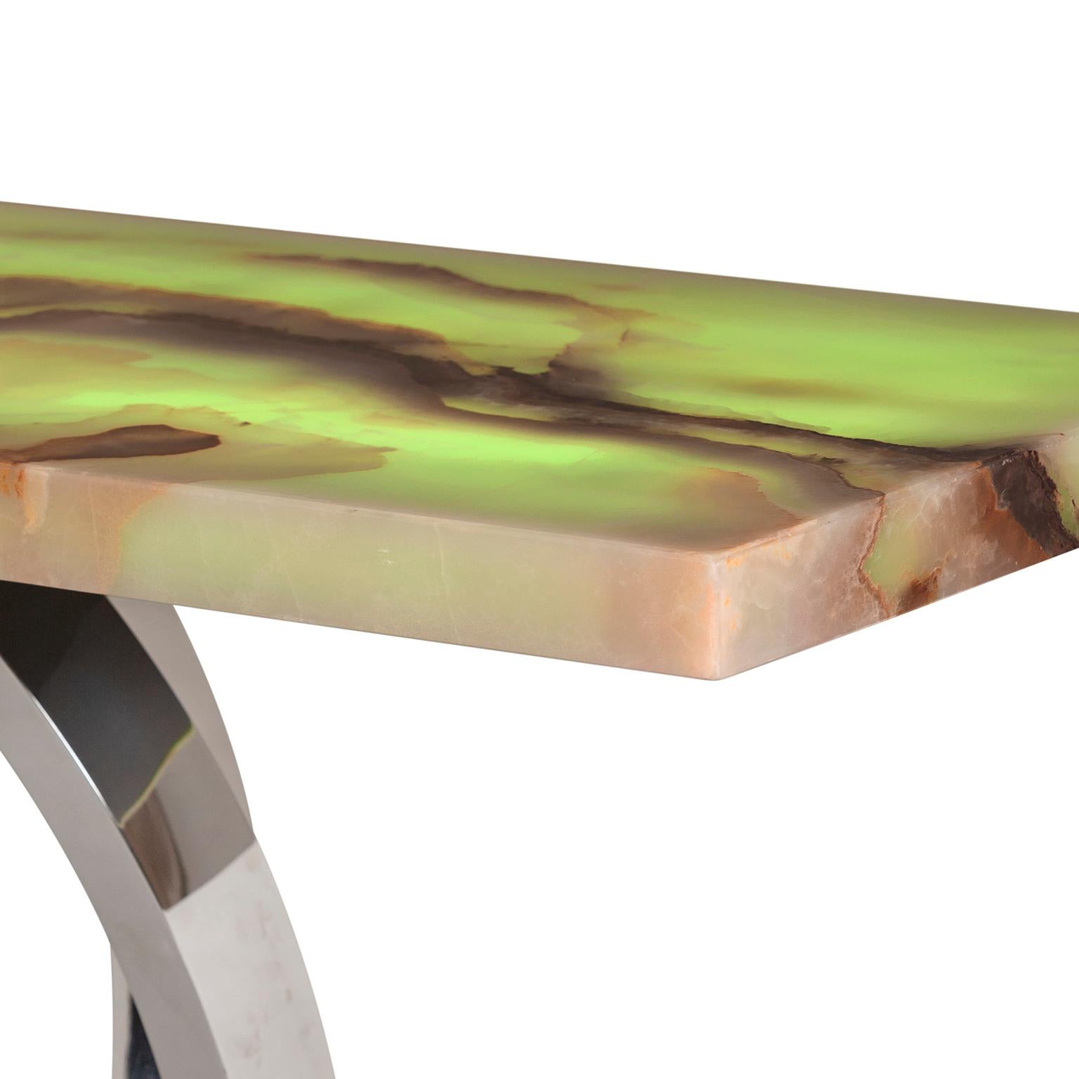 Tacheté Table console Art Déco Armilar Onyx Acier inoxydable Fait main Portugal Greenapple en vente