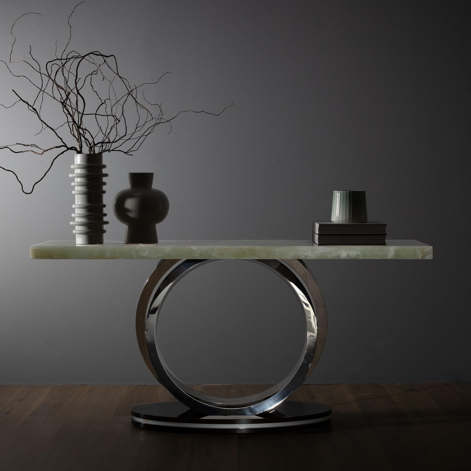XXIe siècle et contemporain Table console Art Déco Armilar Onyx Acier inoxydable Fait main Portugal Greenapple en vente