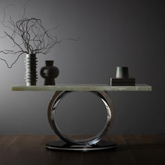Mesa Consola Art Decó Armilar, Ónice Verde, Acero Inoxidable, Manzana Verde Hecha a Mano