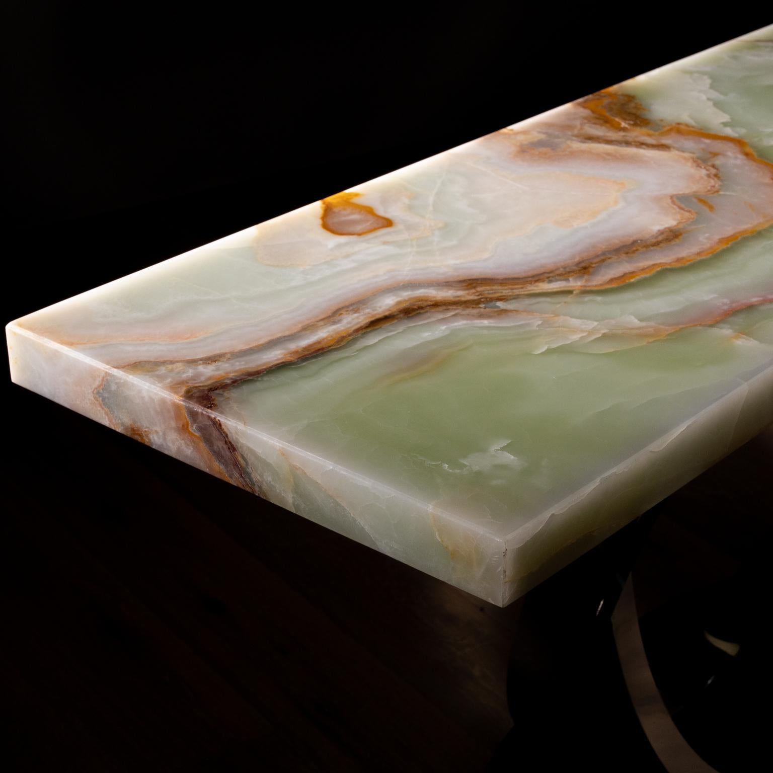 Art Deco Armilar Konsolentisch, Grüner Onyx, Edelstahl, Handarbeit Greenapple im Angebot 9