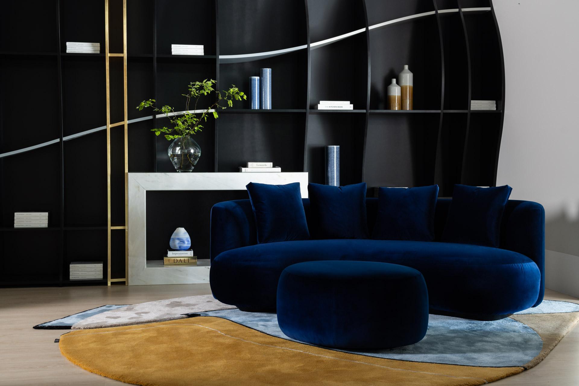 Organic Modern Twins Curved Sofa, Navy Velvet, Handmade Portugal by Greenapple For Sale 5