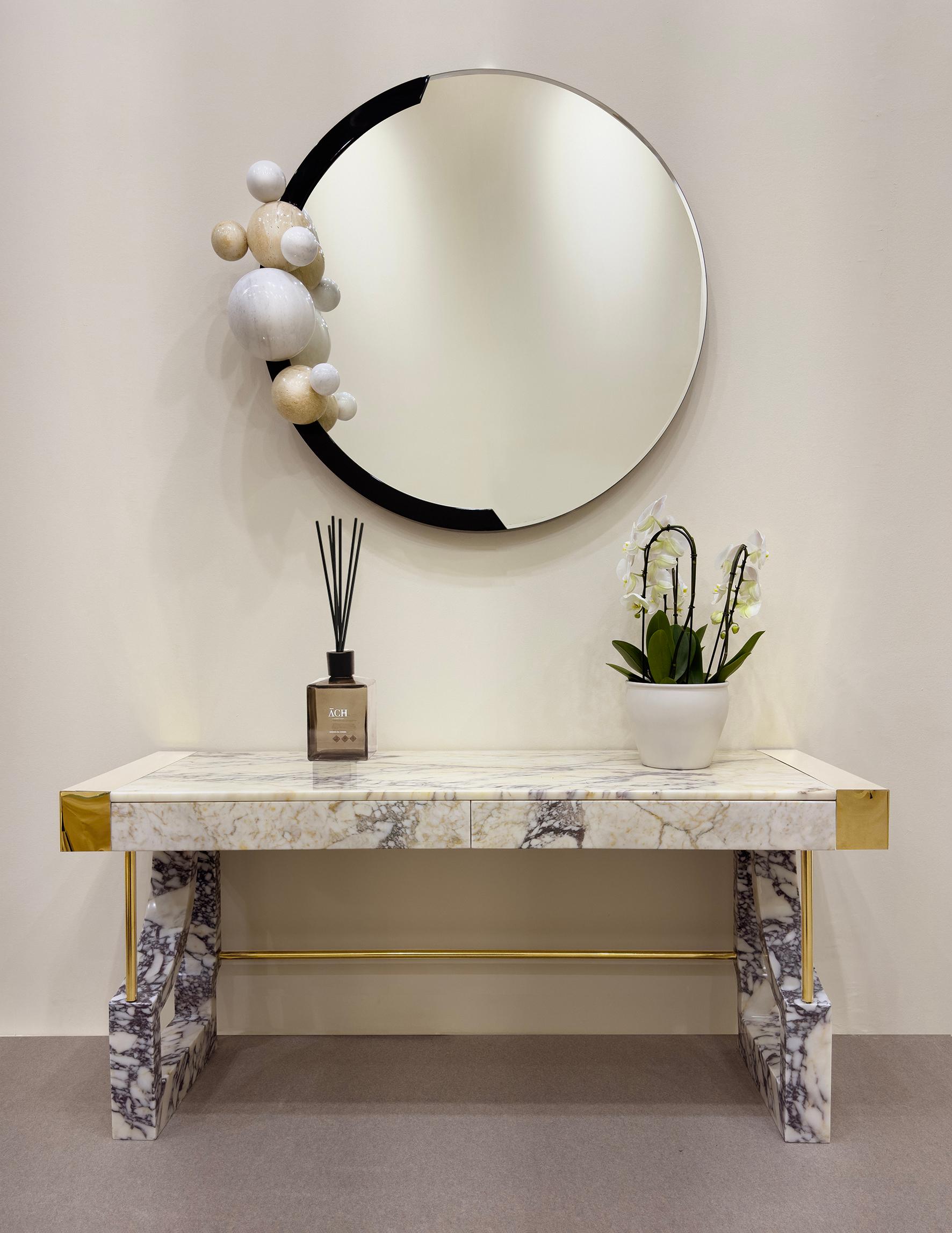 Polished 21st Century Modern Wall Mirror White Marble Spheres With Incorporated Light For Sale