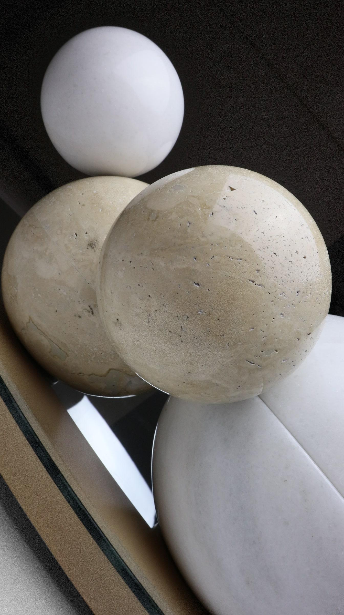 Stainless Steel 21st Century Modern Wall Mirror White Marble Spheres With Incorporated Light For Sale