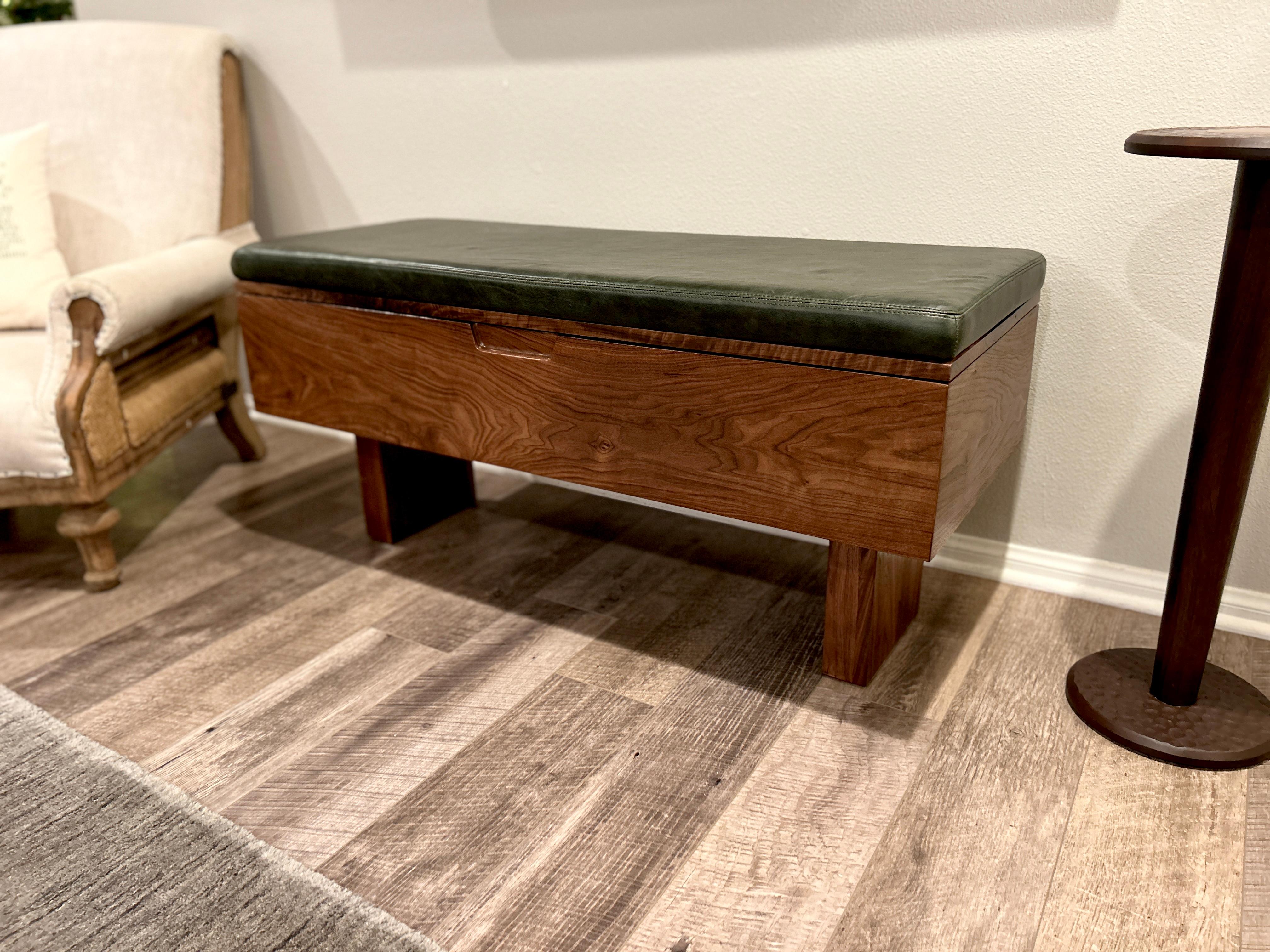 American 21st Century Modern Walnut Bench with Leather Upholstered Seat Cushion For Sale