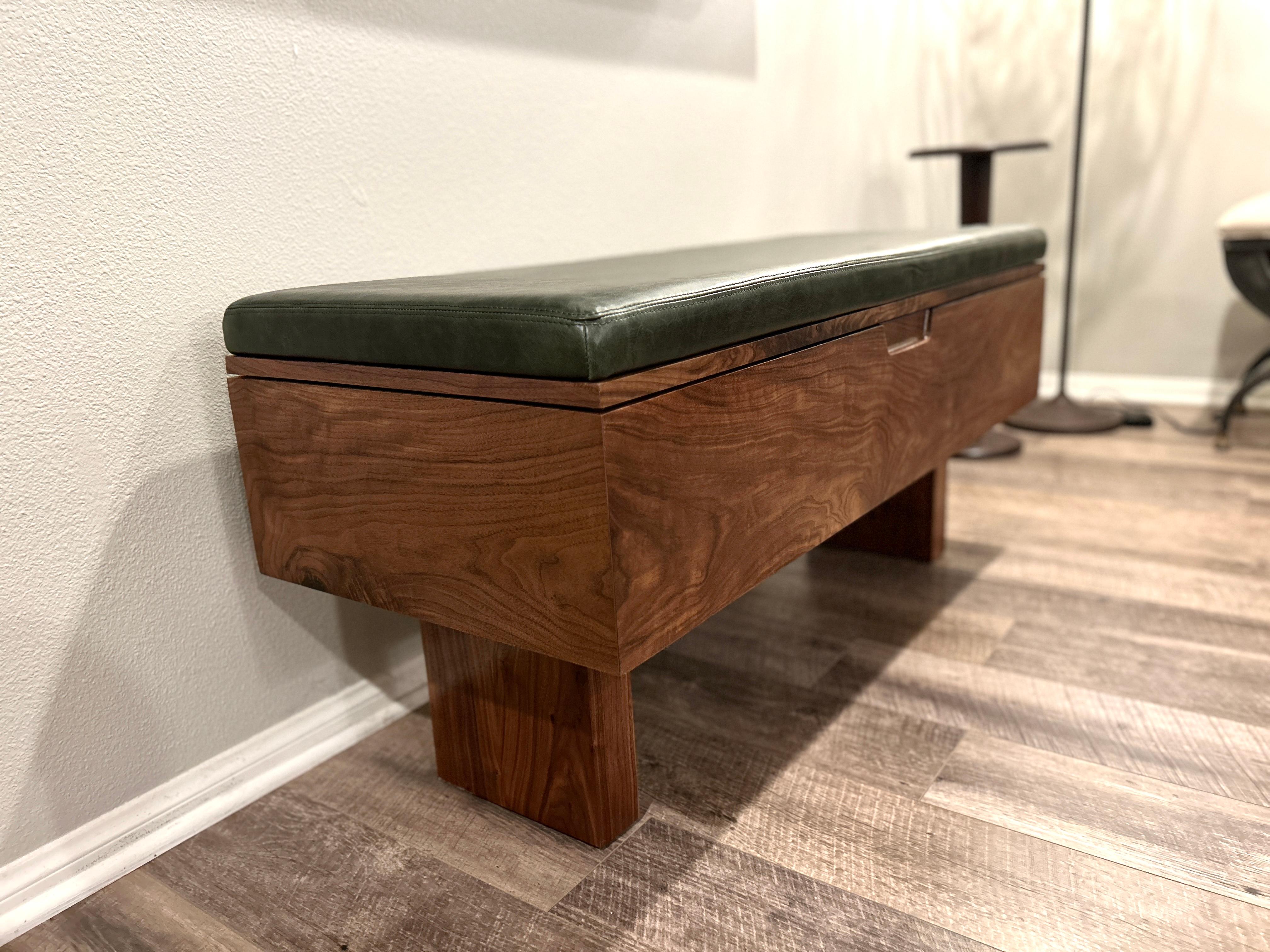 Contemporary 21st Century Modern Walnut Bench with Leather Upholstered Seat Cushion For Sale