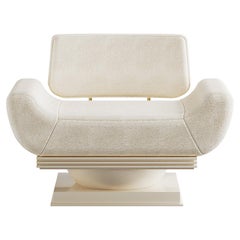 Modern Cream Armchair Bouclé Lacquered in Gloss With Brass Details