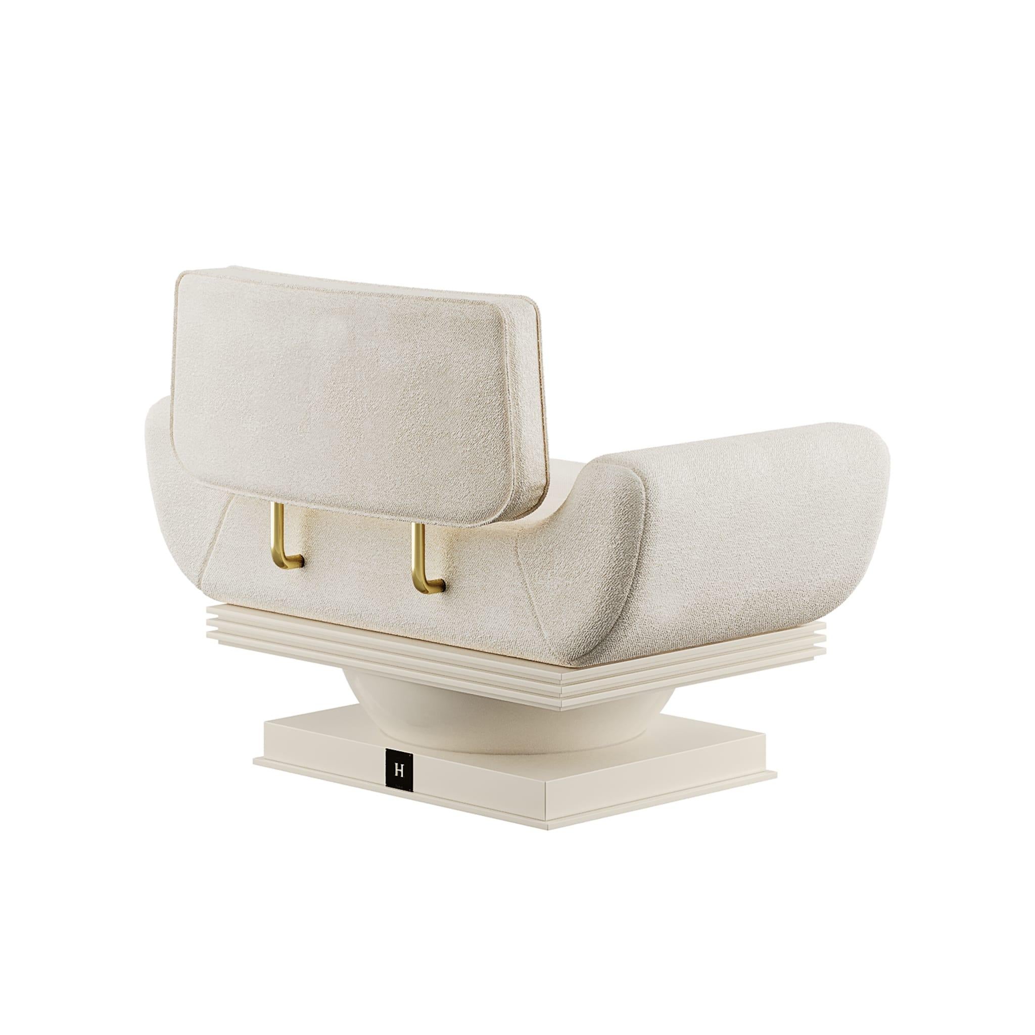 Portuguese Modern Cream Armchair Bouclé Lacquered in Gloss With Brass Details For Sale