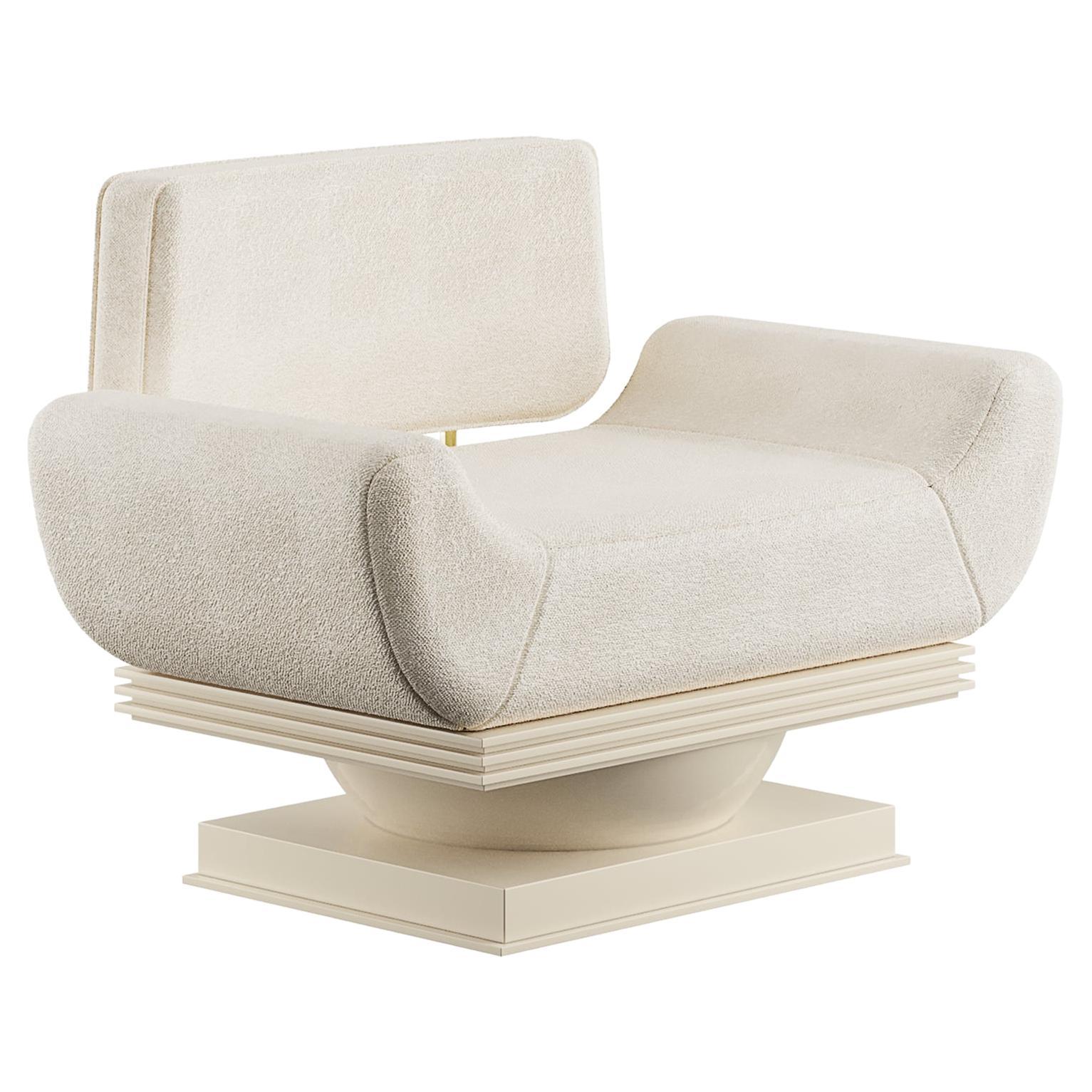 Modern Cream Armchair Bouclé Lacquered in Gloss With Brass Details For Sale