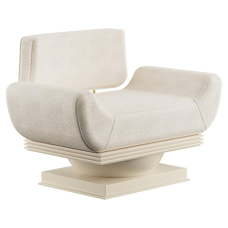 21st Century Modern Cream Armchair Bouclé Lacquered in Gloss With Brass Details For Sale