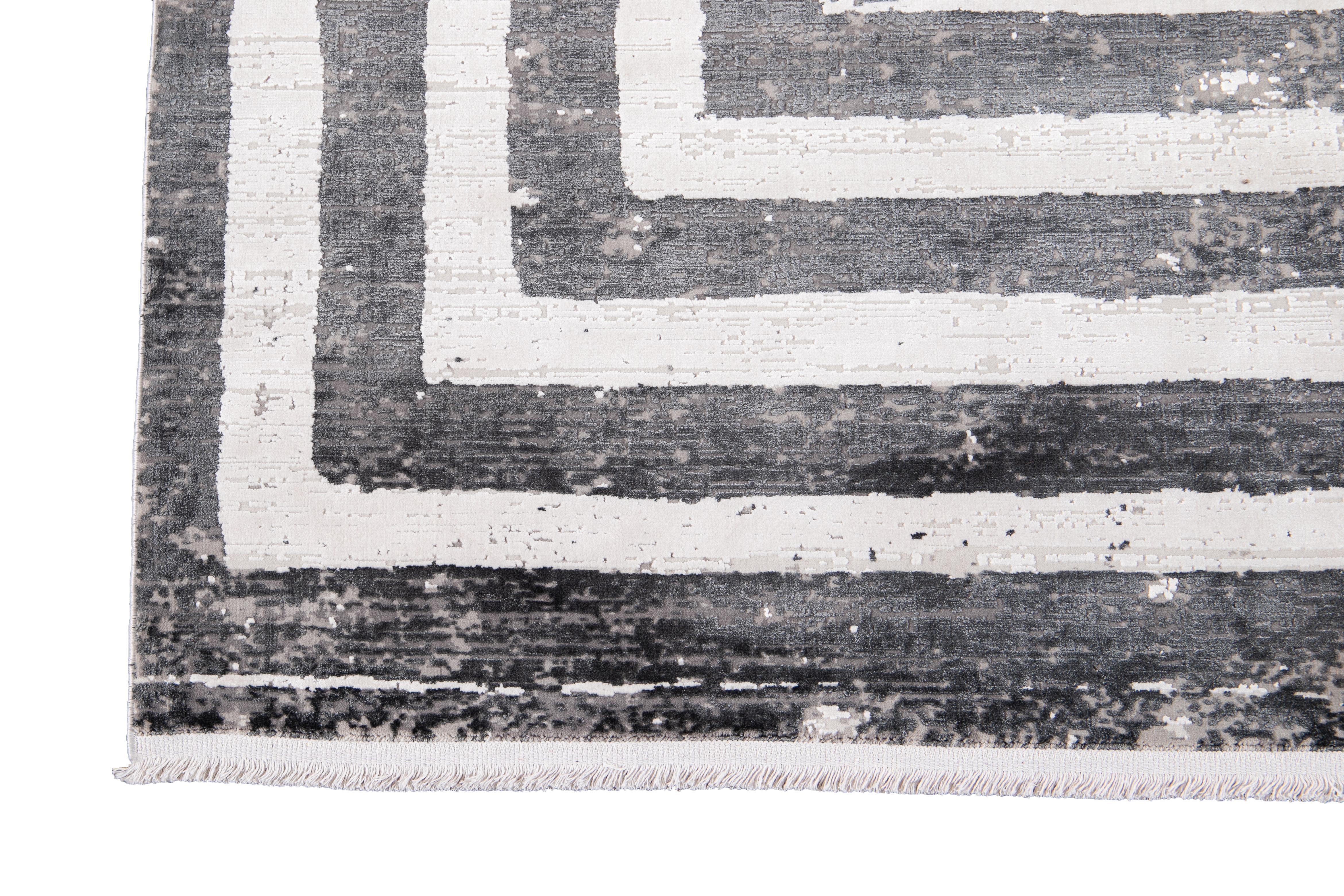 Tapis moderne en laine et soie argenté du 21e siècle avec motif abstrait en vente 3