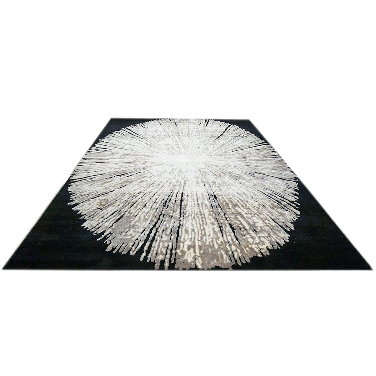 Moderner handgefertigter Teppich aus Wolle und Seide des 21. Jahrhunderts 10x14 in Schwarz, Weiß und Grau (Nepalesisch)
