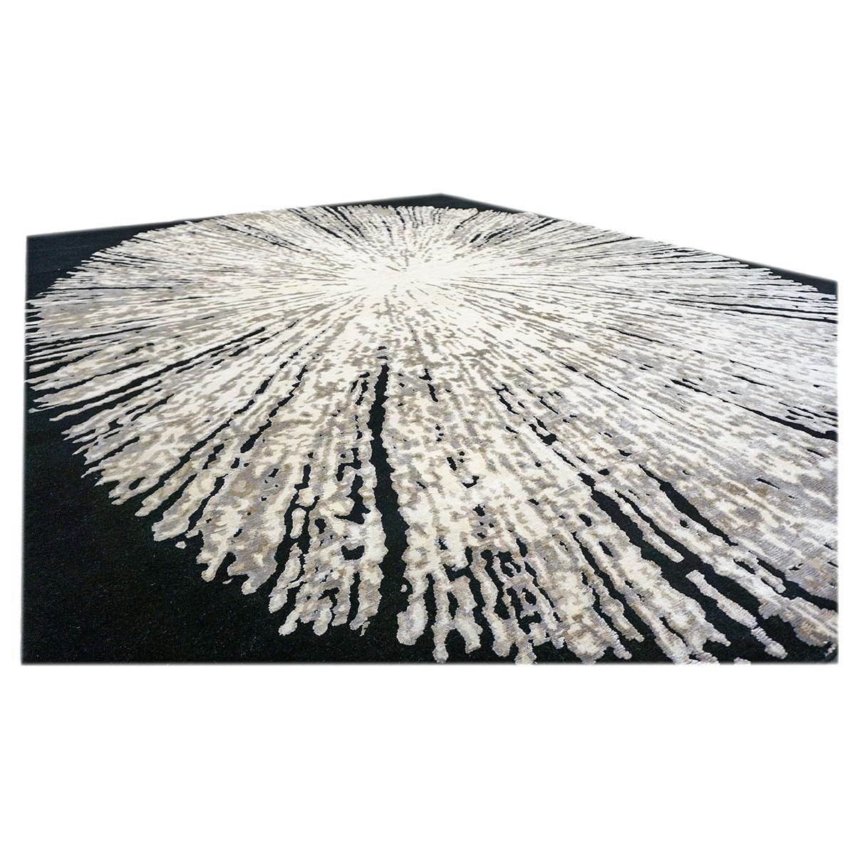 Moderner handgefertigter Teppich aus Wolle und Seide des 21. Jahrhunderts 10x14 in Schwarz, Weiß und Grau (Handgefertigt)