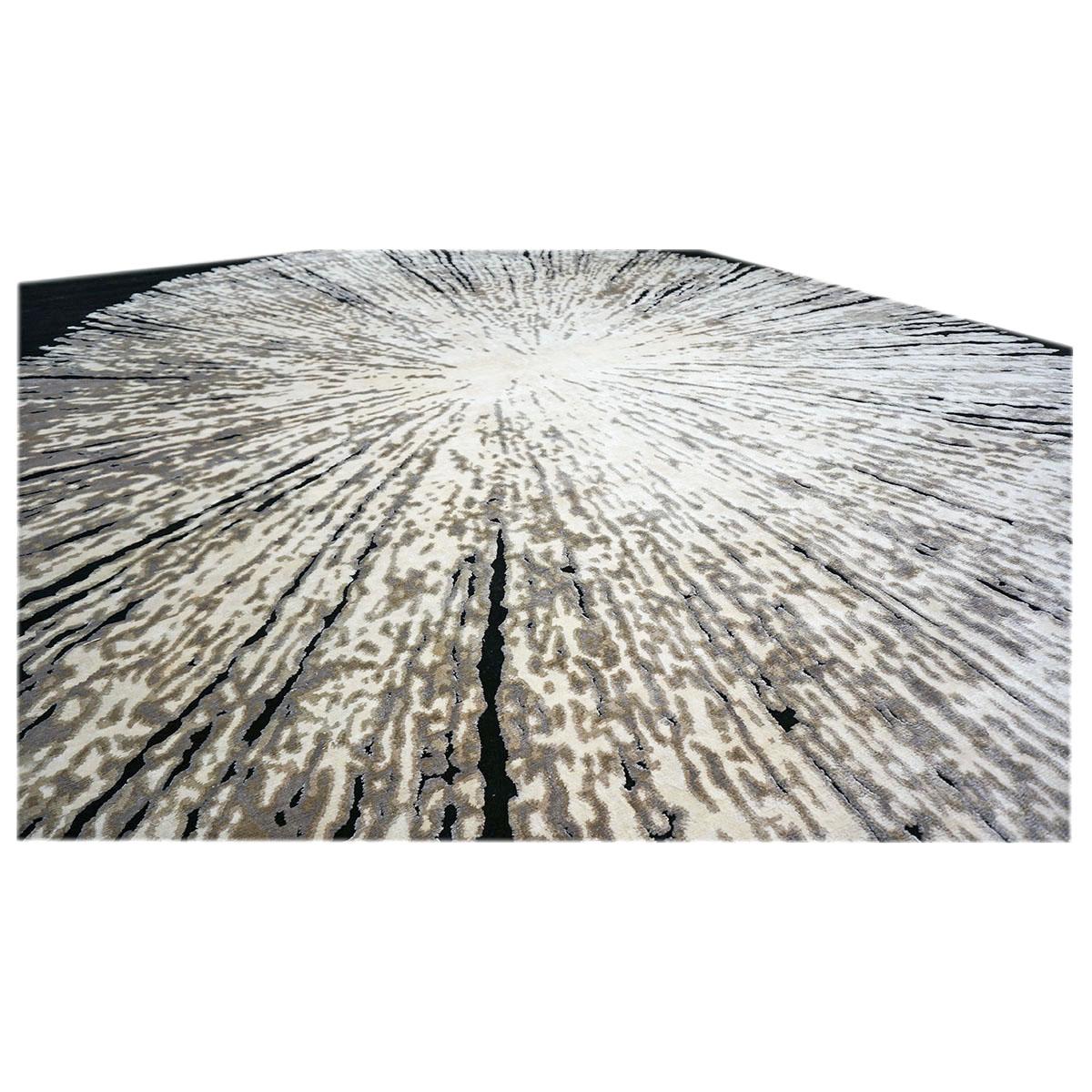Moderner handgefertigter Teppich aus Wolle und Seide des 21. Jahrhunderts 10x14 in Schwarz, Weiß und Grau (21. Jahrhundert und zeitgenössisch)