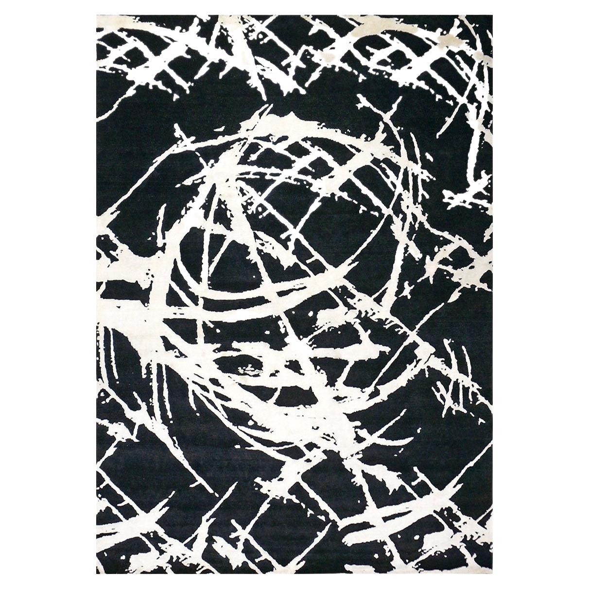 Tapis moderne du 21e siècle en laine et soie noir et blanc 9x12, fait à la main