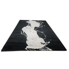 Tapis indien moderne en laine et soie 9X13 noir et blanc à motifs de vagues fait à la main