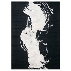 21st Century Modern Wool & Silk 9x12 Black & White Wave Design Handmade Area Rug