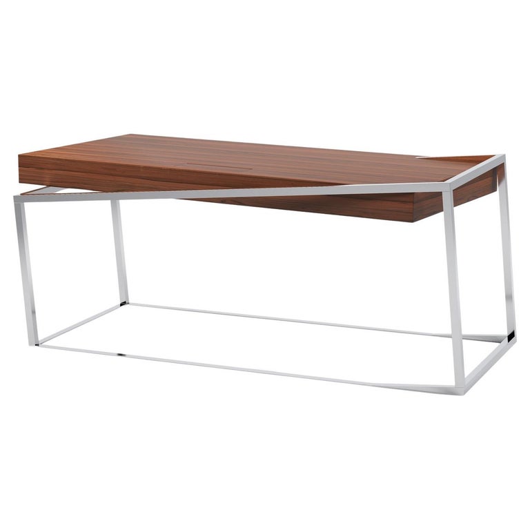 Home Office Writing Executive Desk in Tineo Wood and Brushed Stainless Steel For Sale