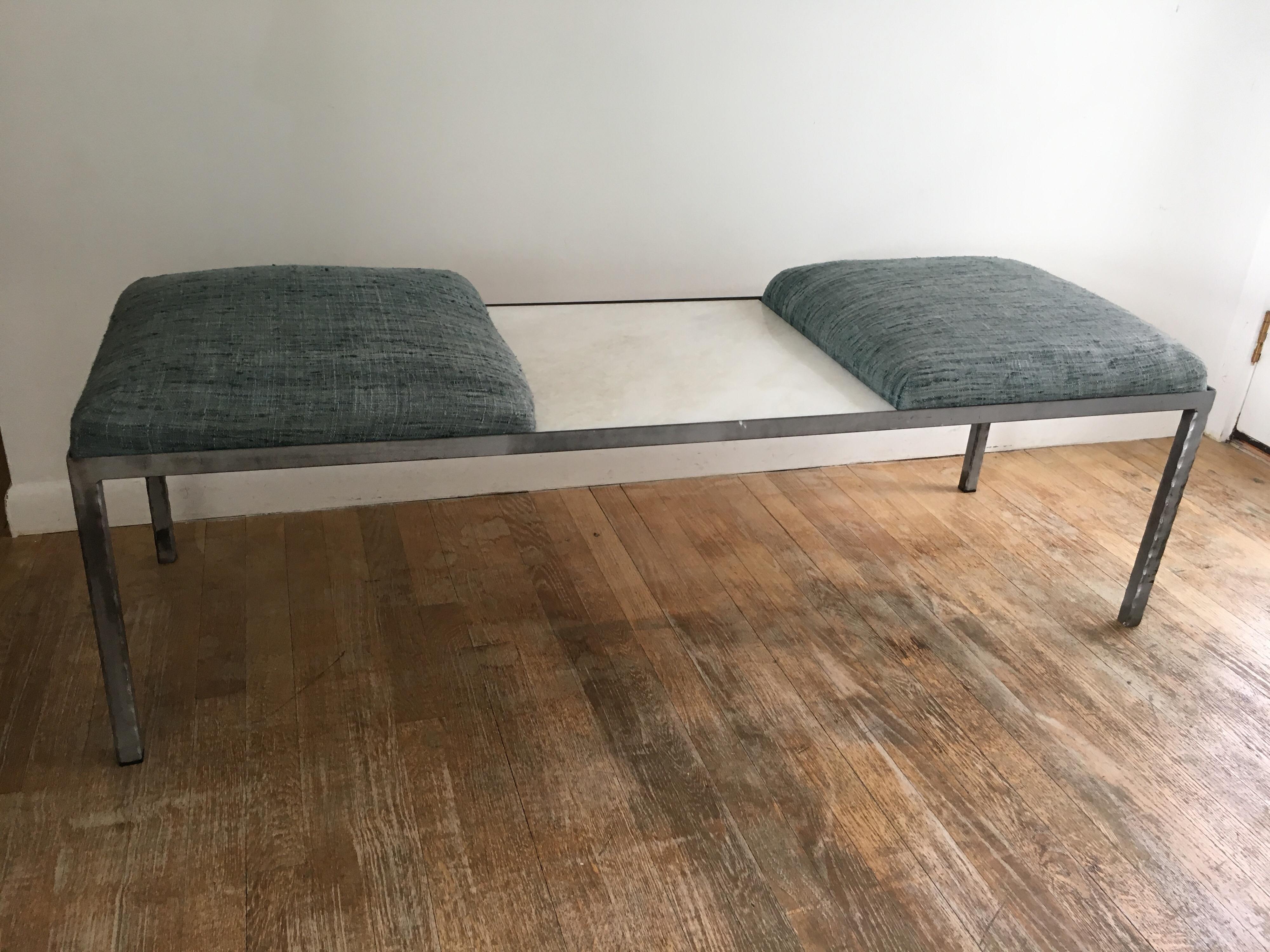 21st century modular iron bench with marble table by Susie Shapiro Design. Three inserts can be interchanged. Two upholstered squares in deep sea green silk linen fabric. One white Marble insert can be used as an end table or centred (shown