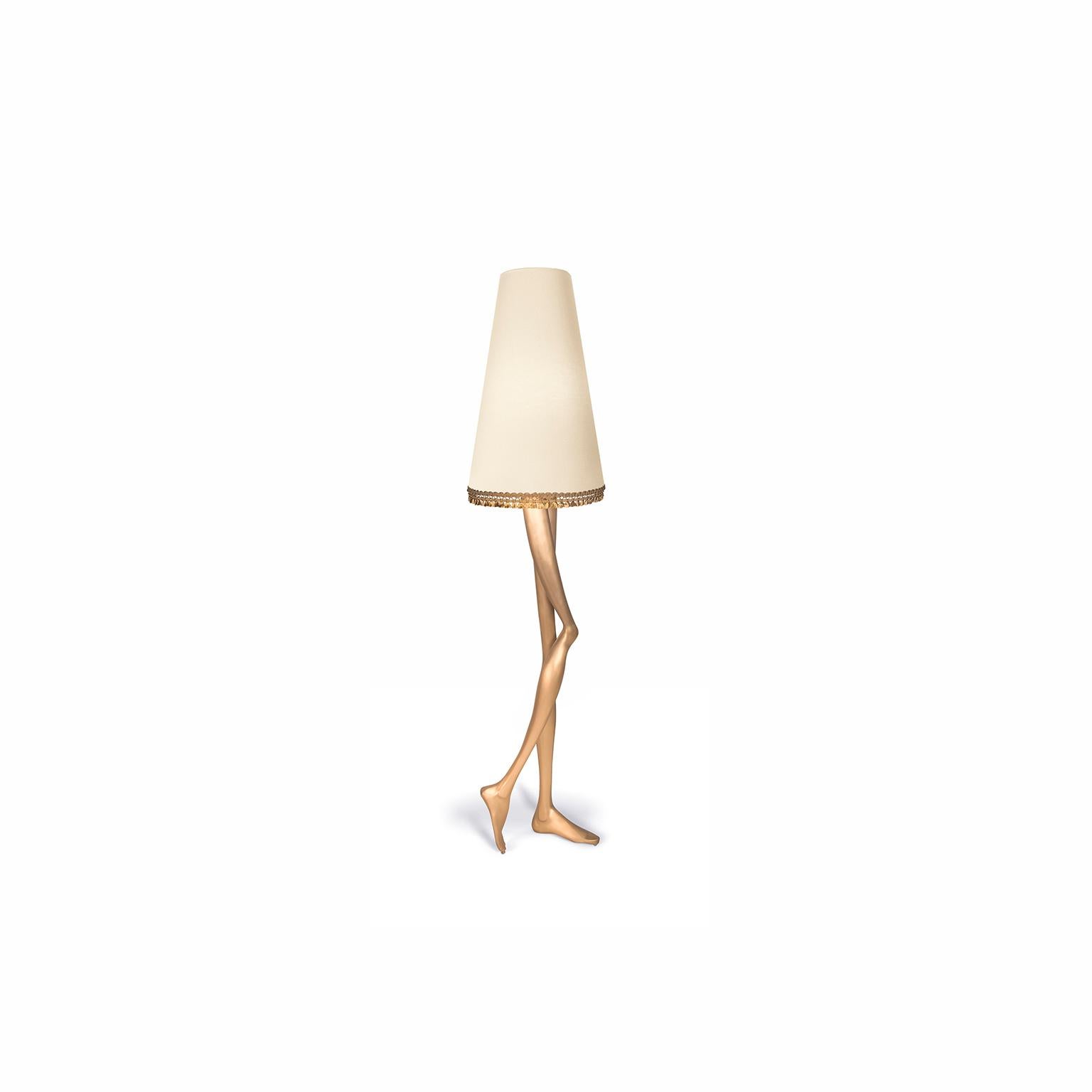 Modern Contemporary Monroe Floor Lamp, Brushed Brass and Beige Lampshade, Art Lighting For Sale