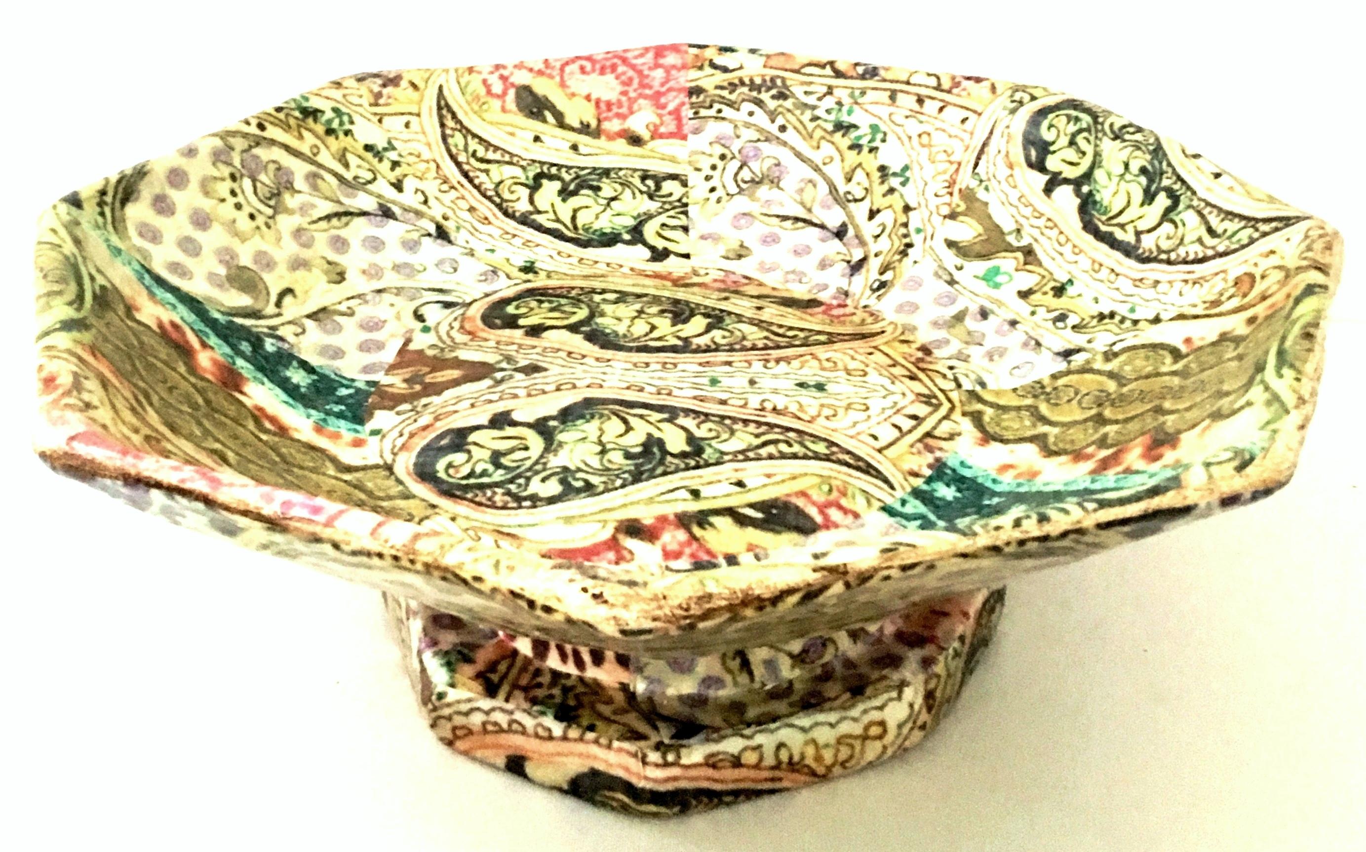 21st century monumental footed wood and printed papier mâché center bowl. This finely handcrafted artisan decorative center bowl features a paisley and bird motif in a multitude of vibrant and subdued colors.
 