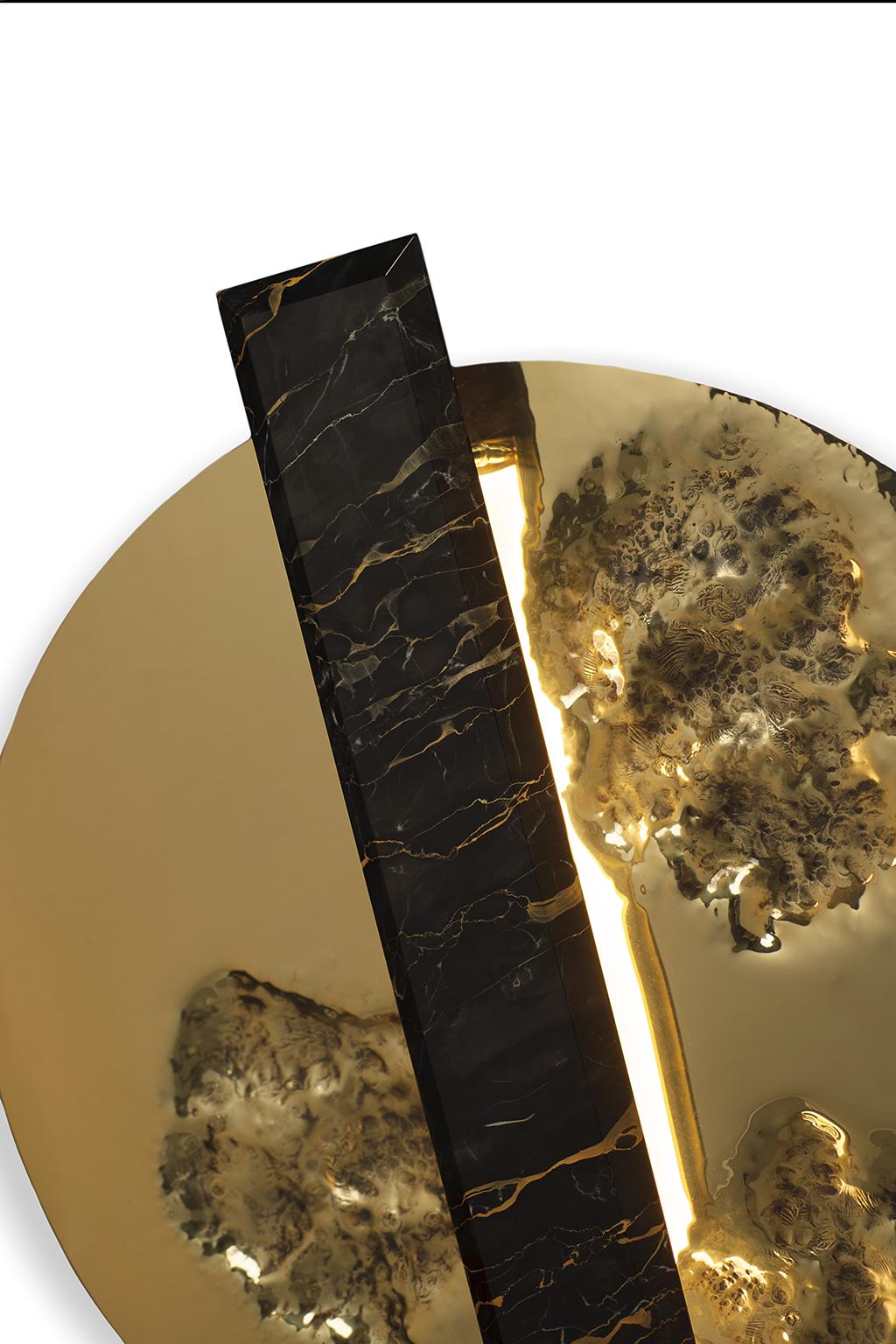 Portuguese Modern Organic Moonlight Gold Wall Sconce, Hammered Polished Brass and Marble For Sale