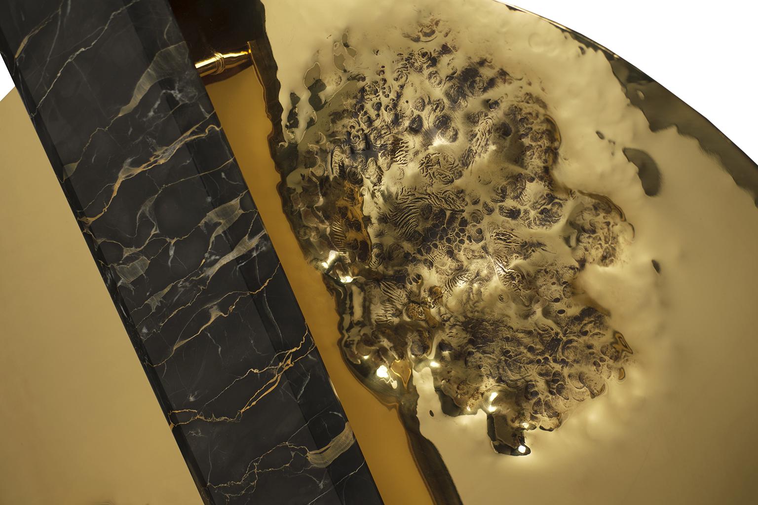 Portuguese Modern Organic Moonlight Gold Wall Sconce, Hammered Polished Brass and Marble For Sale