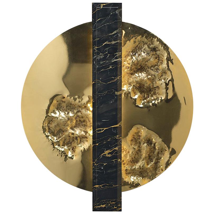 21st Century Moonlight Gold Wall Sconce, Hammered Polished Brass and Marble