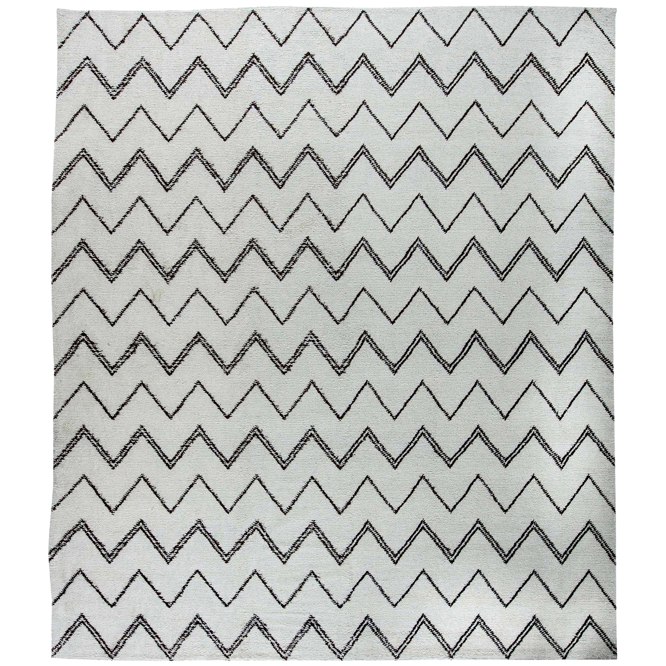 21st Century Moroccan Design White and Black Handmade Wool Rug