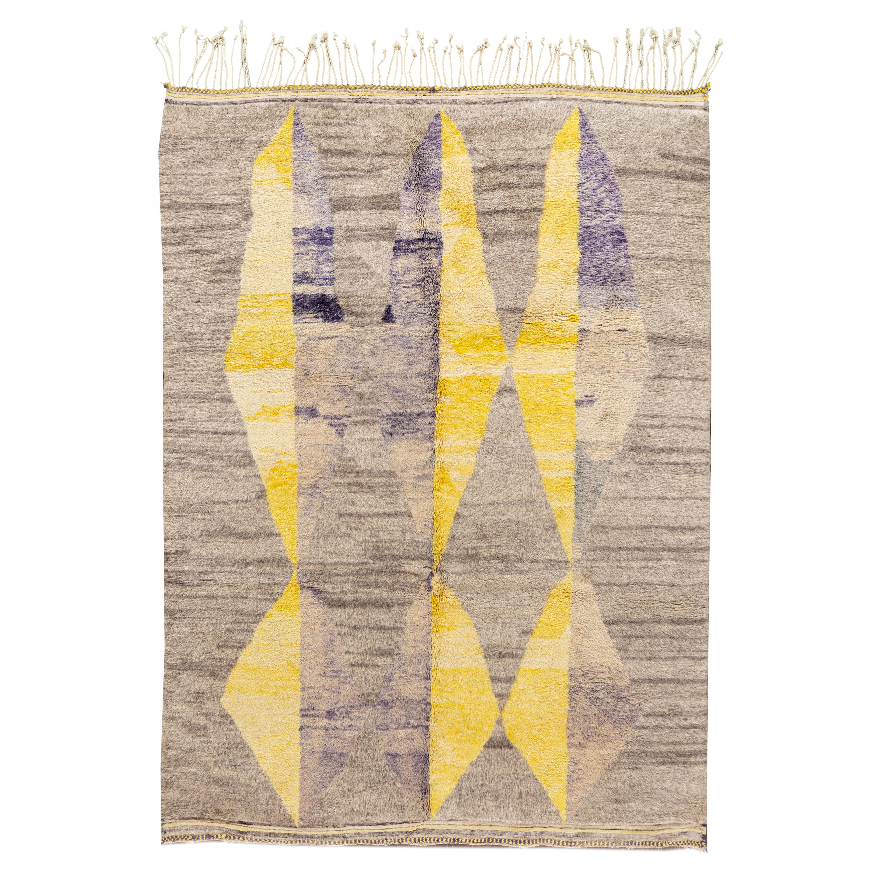 Modern Moroccan Style Wool Rug With Yellow and Blue Abstract  For Sale