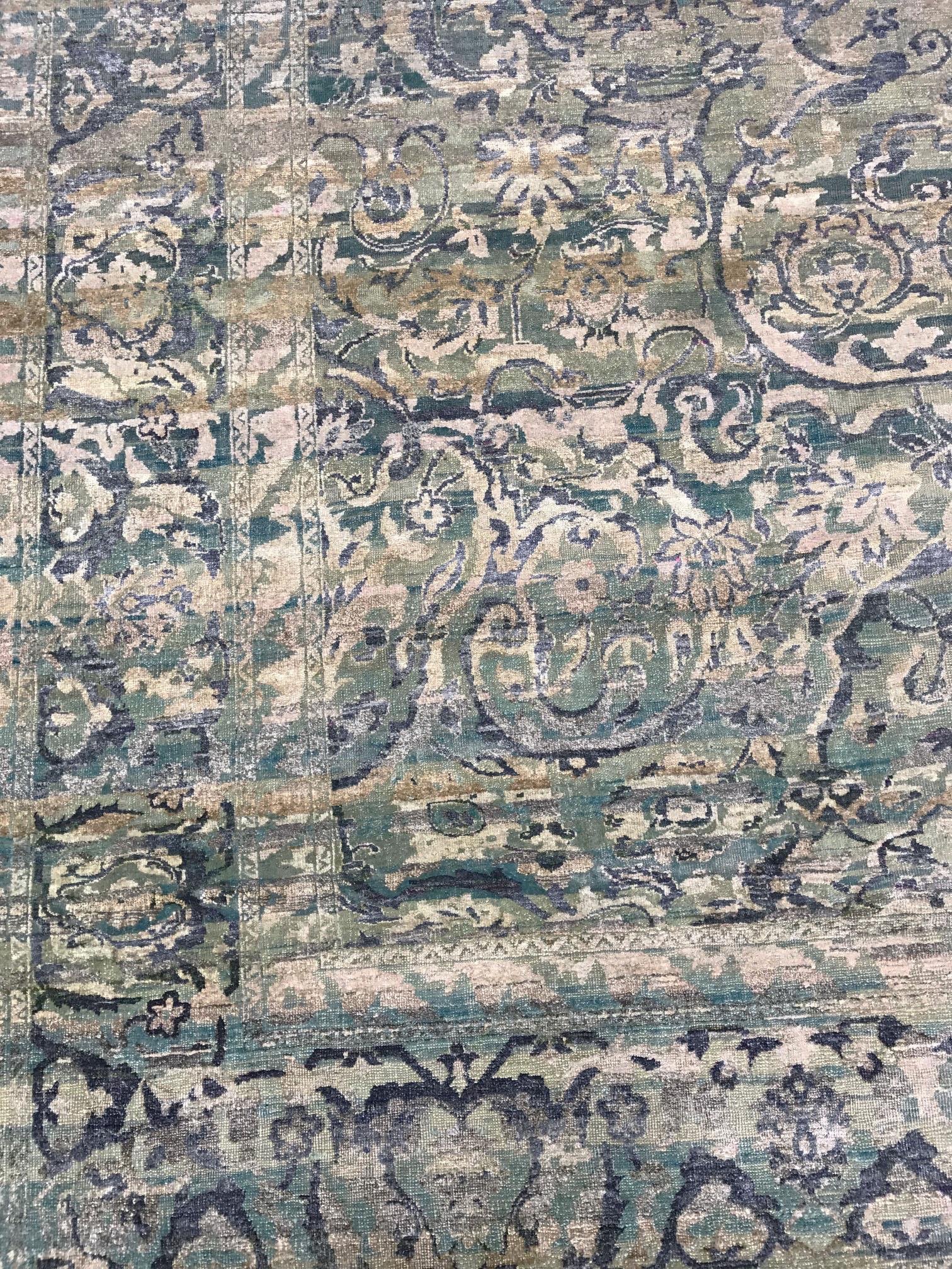 Hand-Knotted 21st Century Multicolored Sari Silk Rug in Tabriz Design For Sale