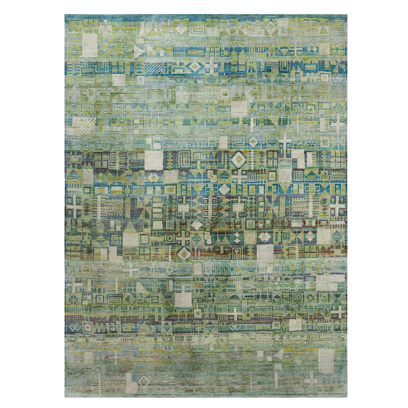 Mehrfarbiger indischer Teppich aus grüner, blauer und weißer Seide aus dem 21. Jahrhundert, ca. 2021 im Angebot