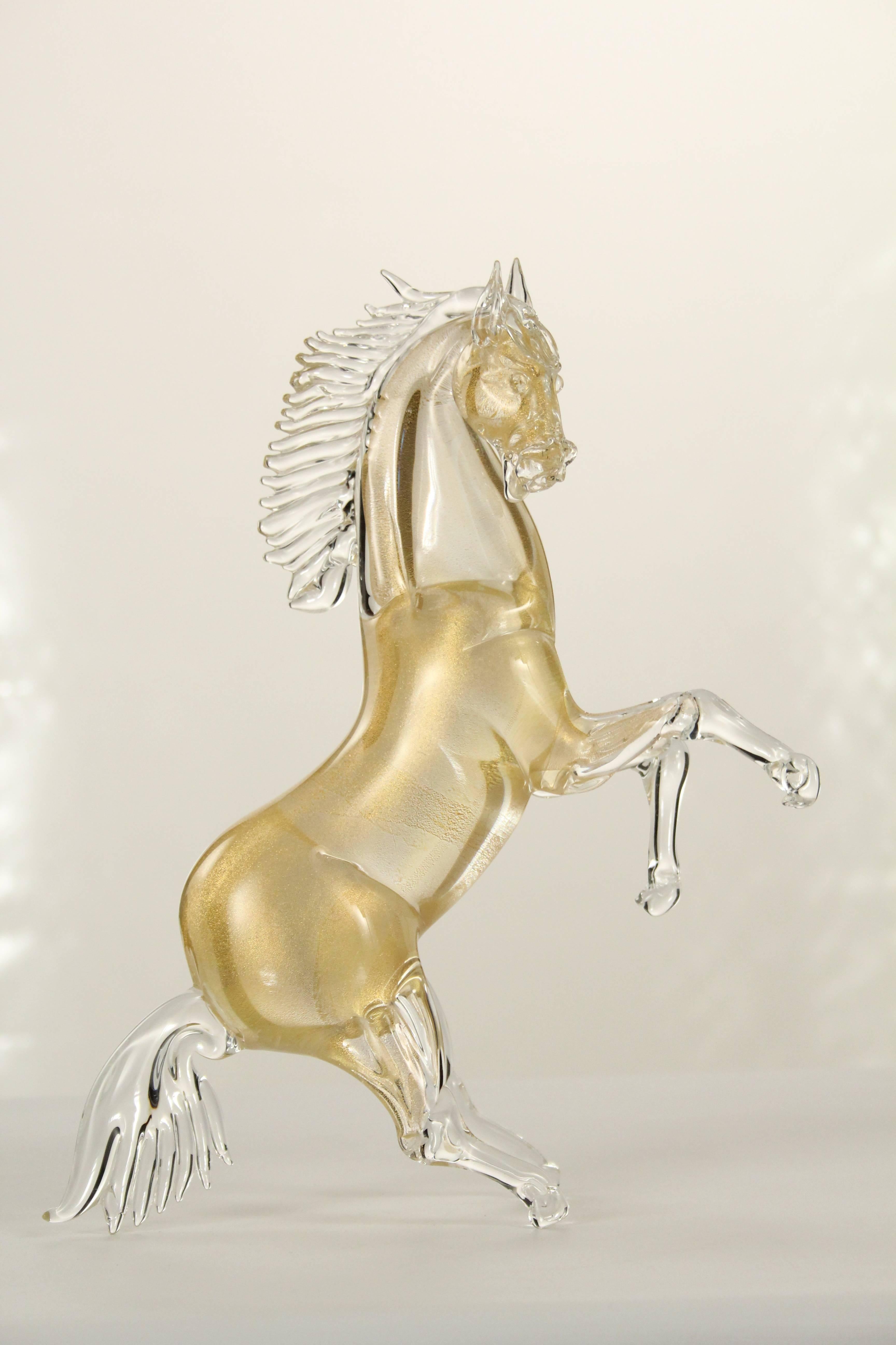 Hand-Crafted 21st Century Murano Blown Glass Horse. All Golden Leaf, 24-Karat For Sale
