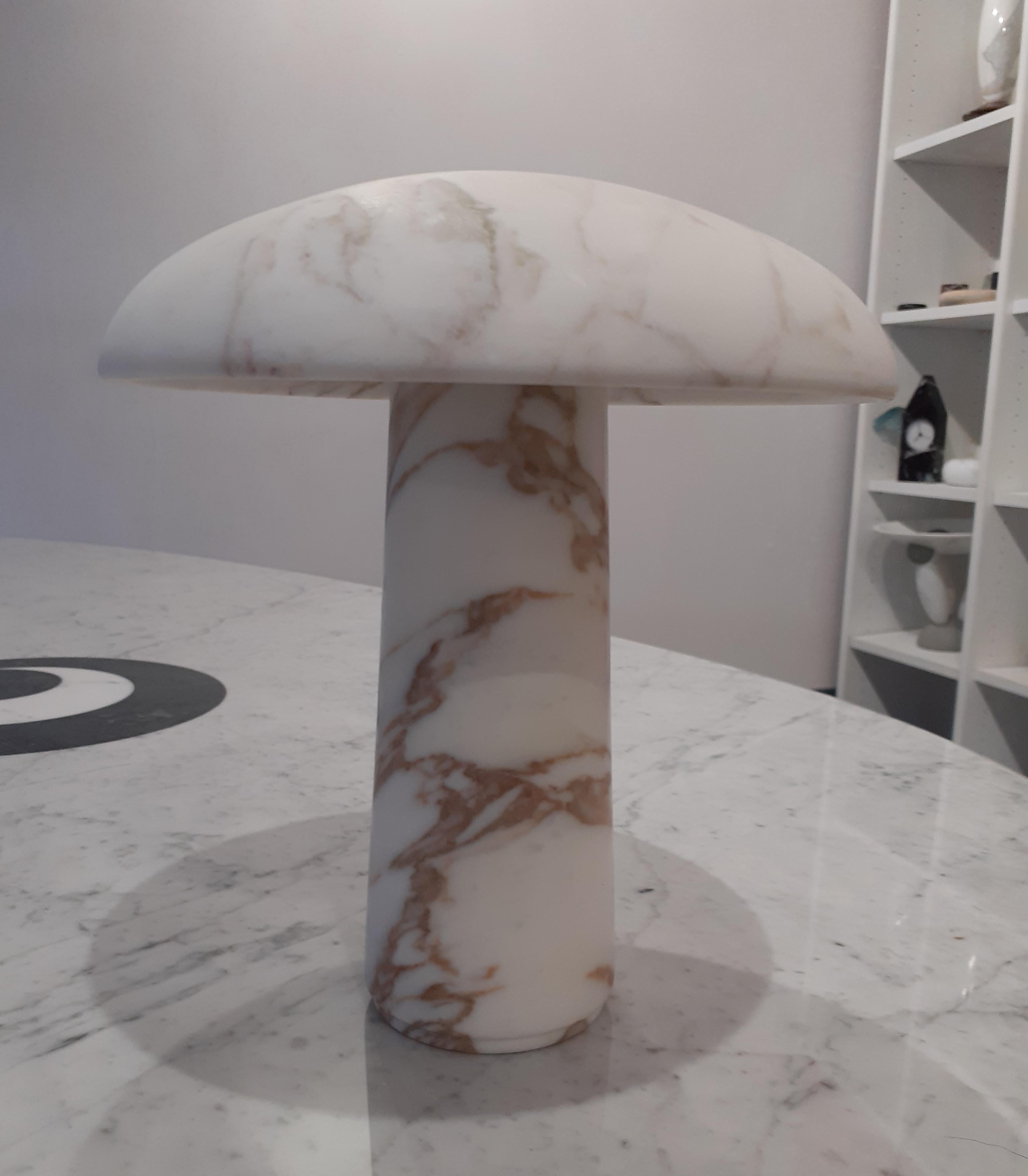 Mushroom marble lamp designed by designer Marco Marino.
Available in four different material: Bianco Carrara, Calacatta, Calacatta Vagli & Arabescato with led lighting.
Size: cm 22 x 22 H
Materials: Bianco Carrara – Calacatta – Calacatta Vagli –