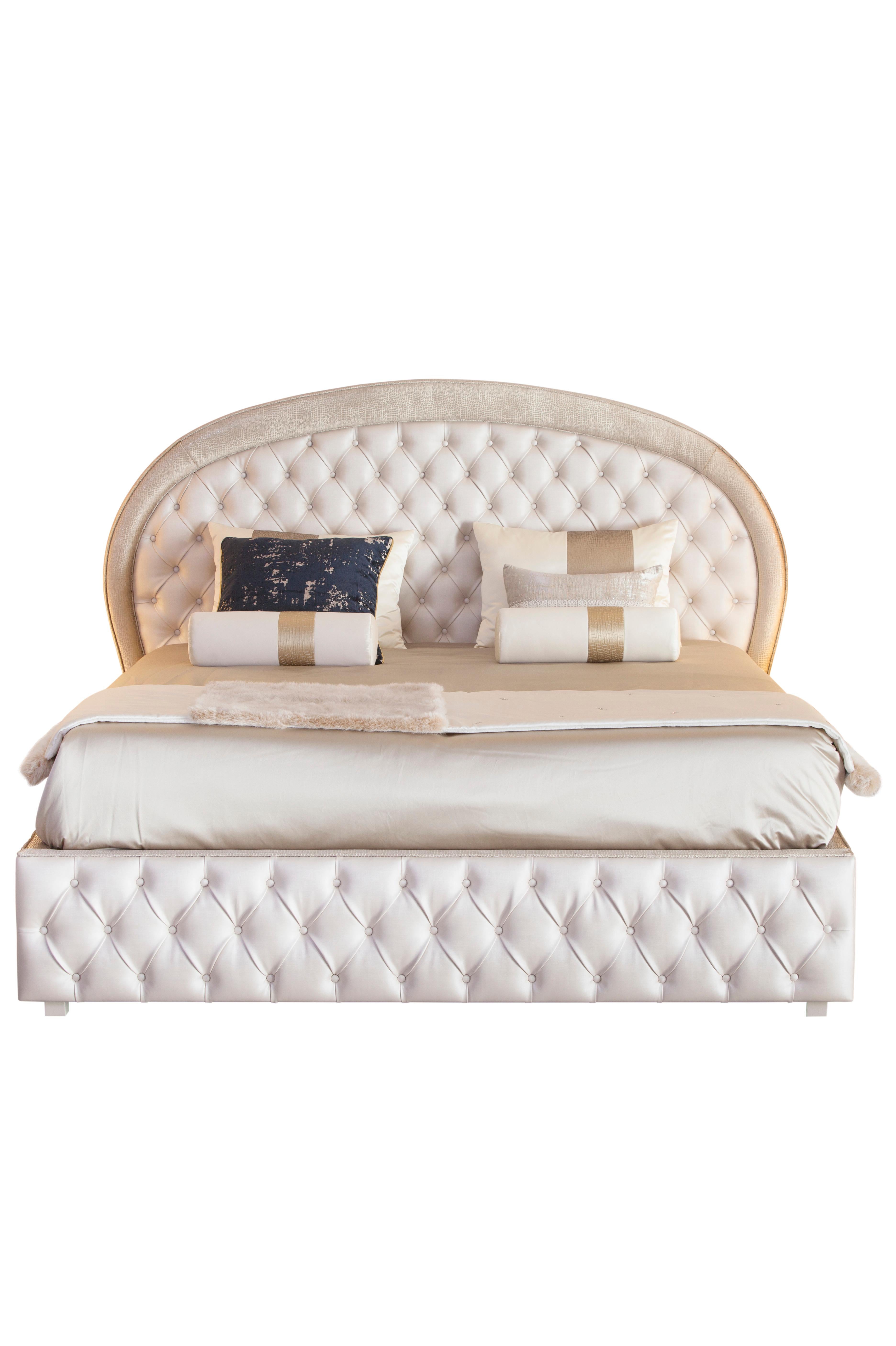 Portuguese Modern Madal Bed, Pearl Faux Leather, Handmade in Portugal by Greenapple For Sale