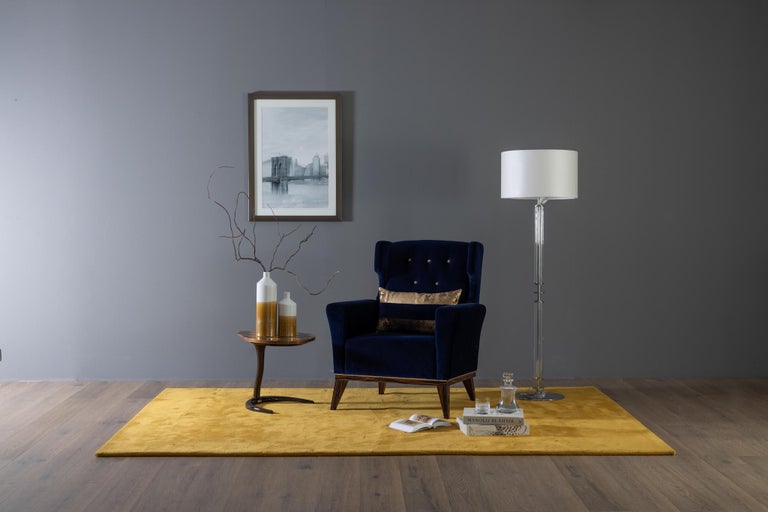 21st century contemporary neoclassical Genebra armchair dark blue velvet handcrafted in Portugal - Europe by Greenapple. 

Genebra armchair materials
Wooden armchair upholstered in dark blue velvet with a matching back cushion.
Base with legs in