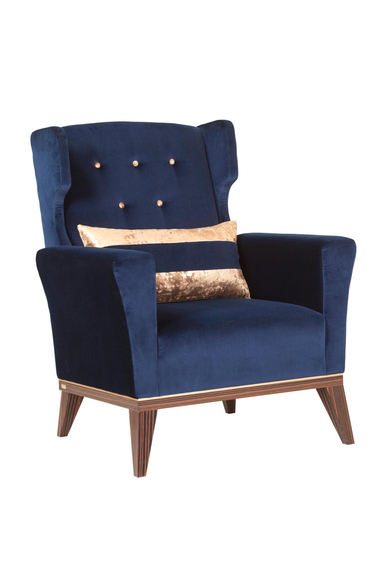 Contemporary Neoclassical Genebra Armchair in Dark Blue Velvet Handcrafted by Greenapple For Sale
