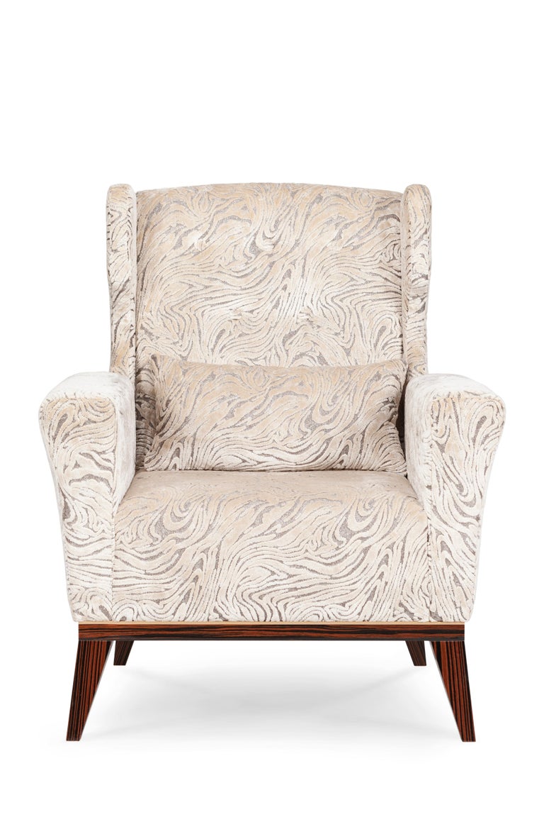 Genebra Armchair, Modern Collection, Handcrafted in Portugal - Europe by GF Modern.

The Genebra armchair is designed to give your living room a sophisticated vintage look. Upholstered in beige, jacquard-patterned velvet and inlaid with