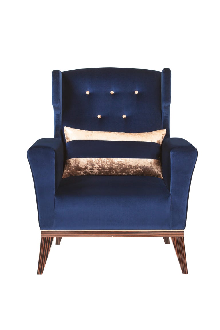 Neoclassical Genebra Armchair in Dark Blue Velvet Handcrafted by Greenapple For Sale 1