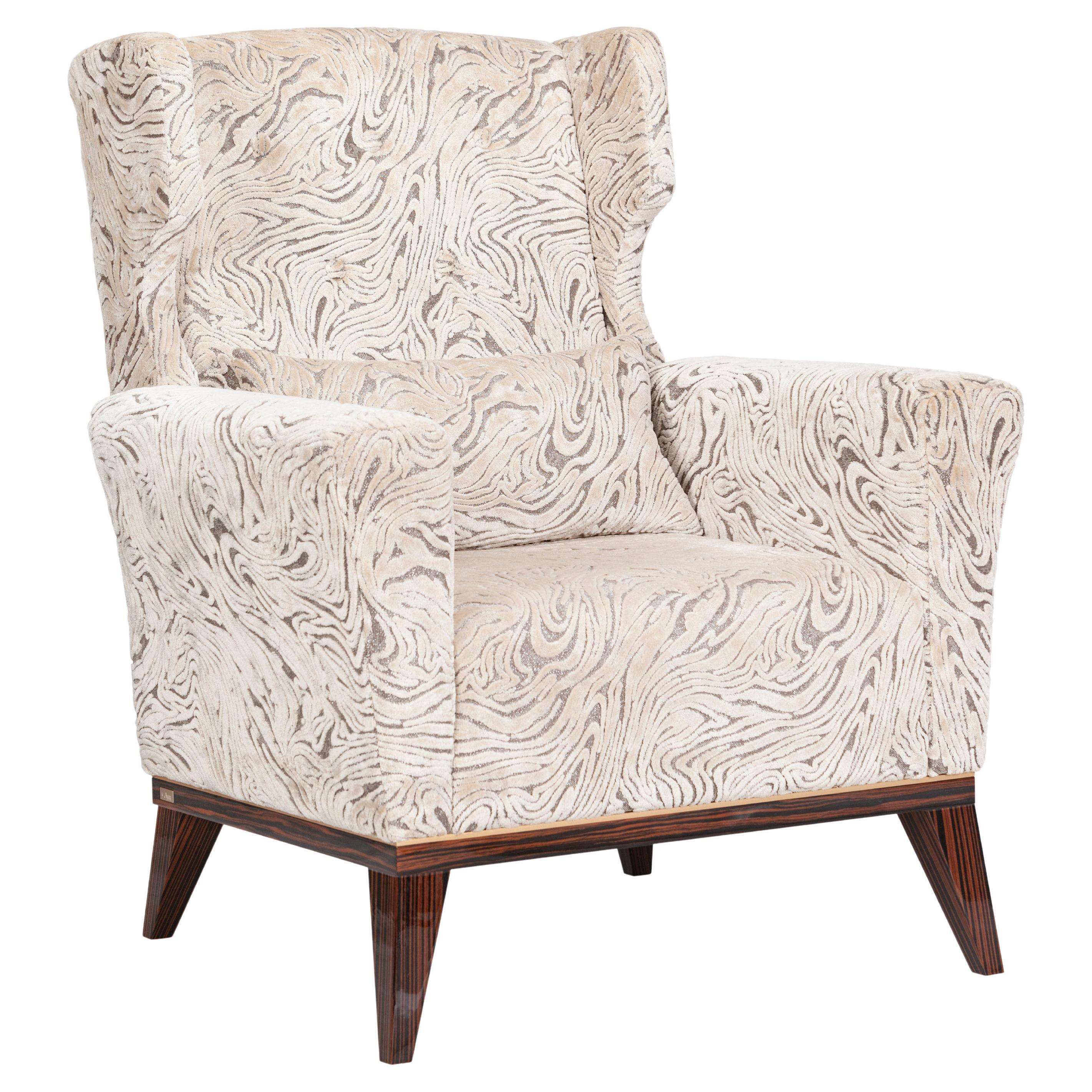 Neoclassical Genebra Armchair in Beige Jacquard Velvet Handcrafted by Greenapple