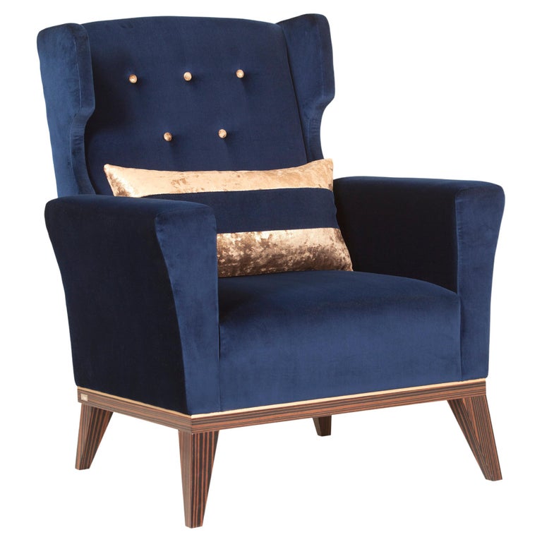 Neoclassical Genebra Armchair in Dark Blue Velvet Handcrafted by Greenapple For Sale