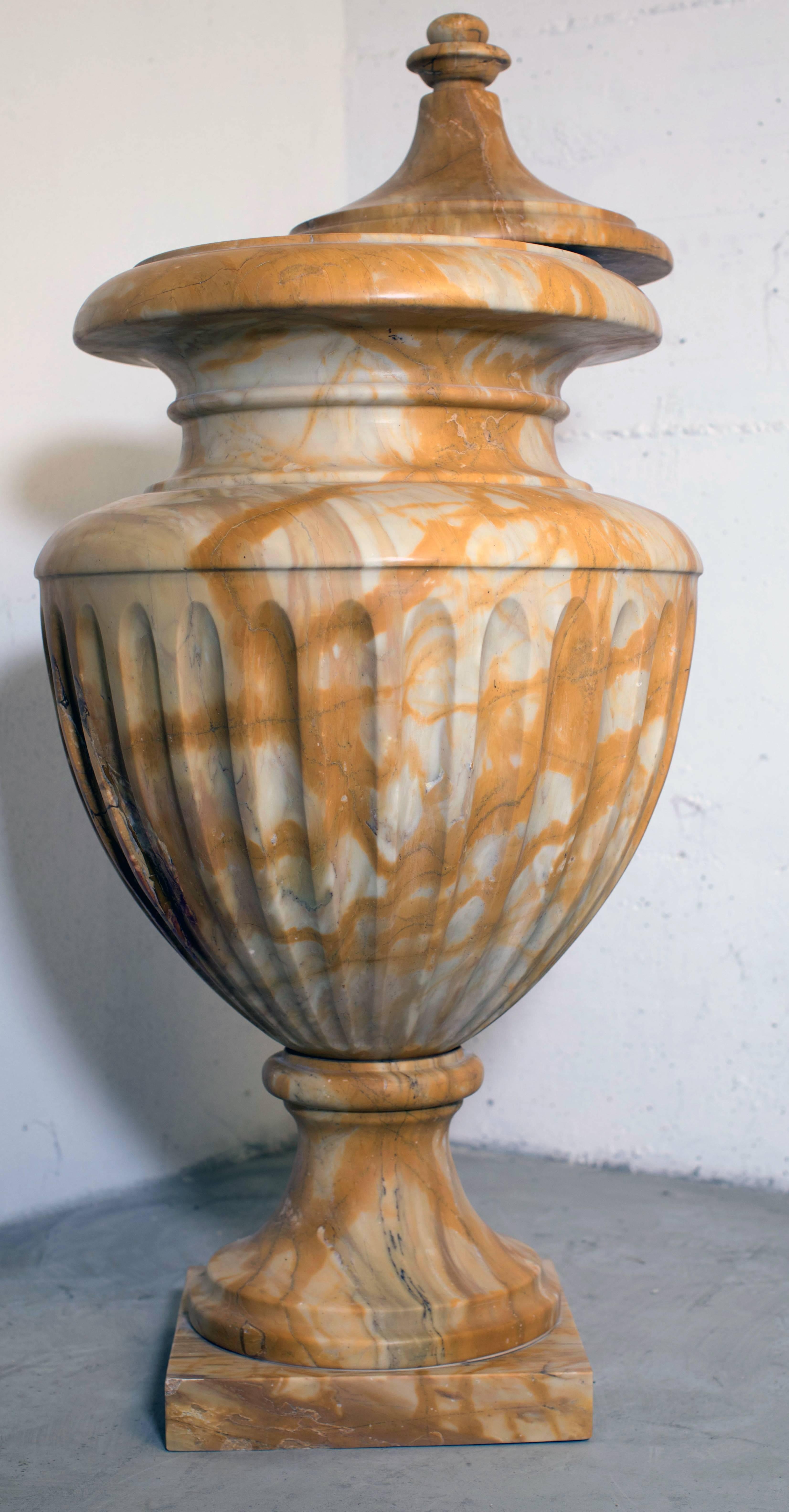 Carved 21st Century Neoclassical Italian Tuscany Siena Yellow Marble Decorative Vase For Sale
