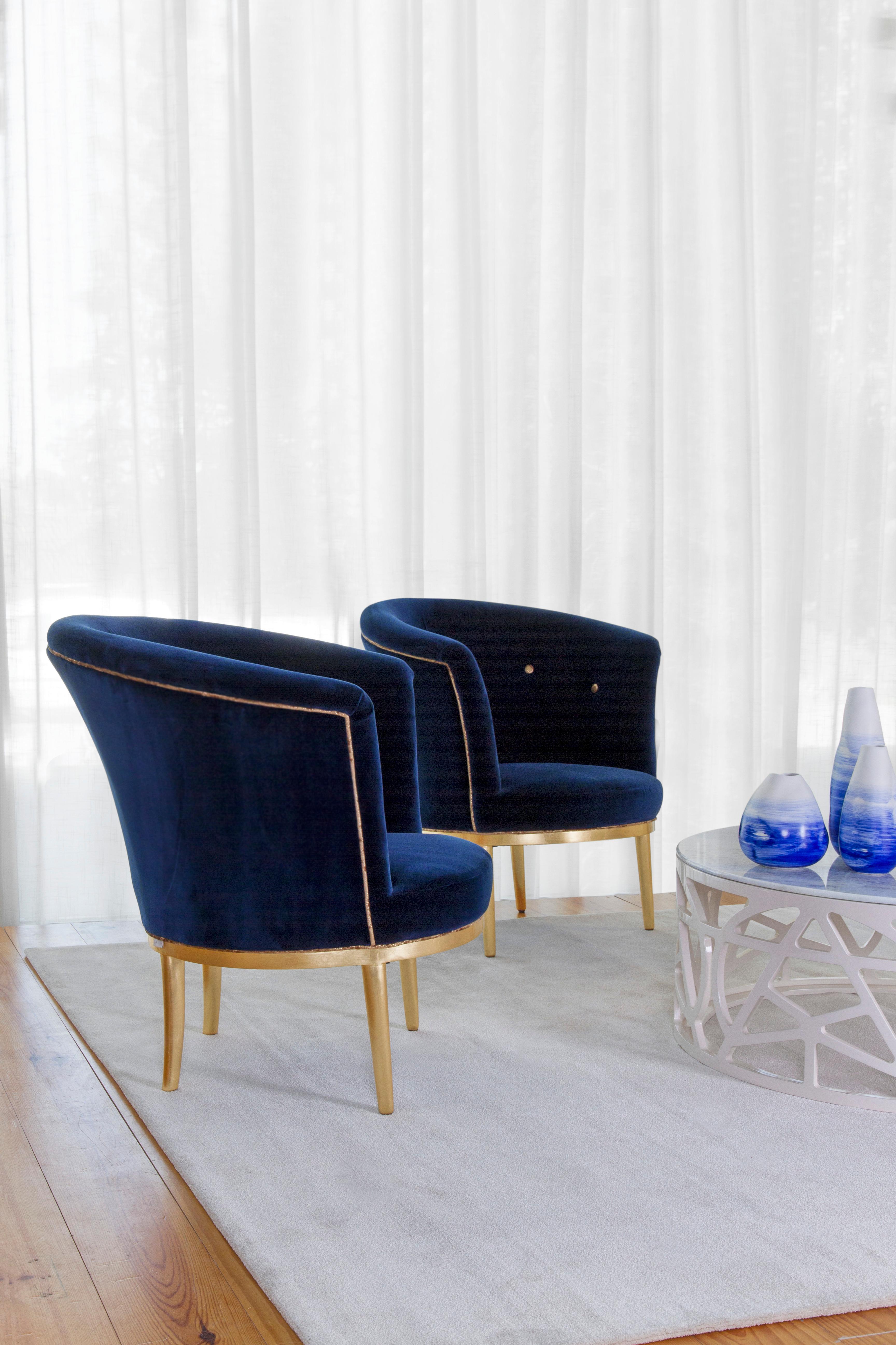 Lisboa Armchair, Modern Collection, Handcrafted in Portugal - Europe by GF Modern.

The Lisboa armchair adds a sophisticated and elegant touch to any living area. The armchair is upholstered in dark blue velvet with buttons and piping in