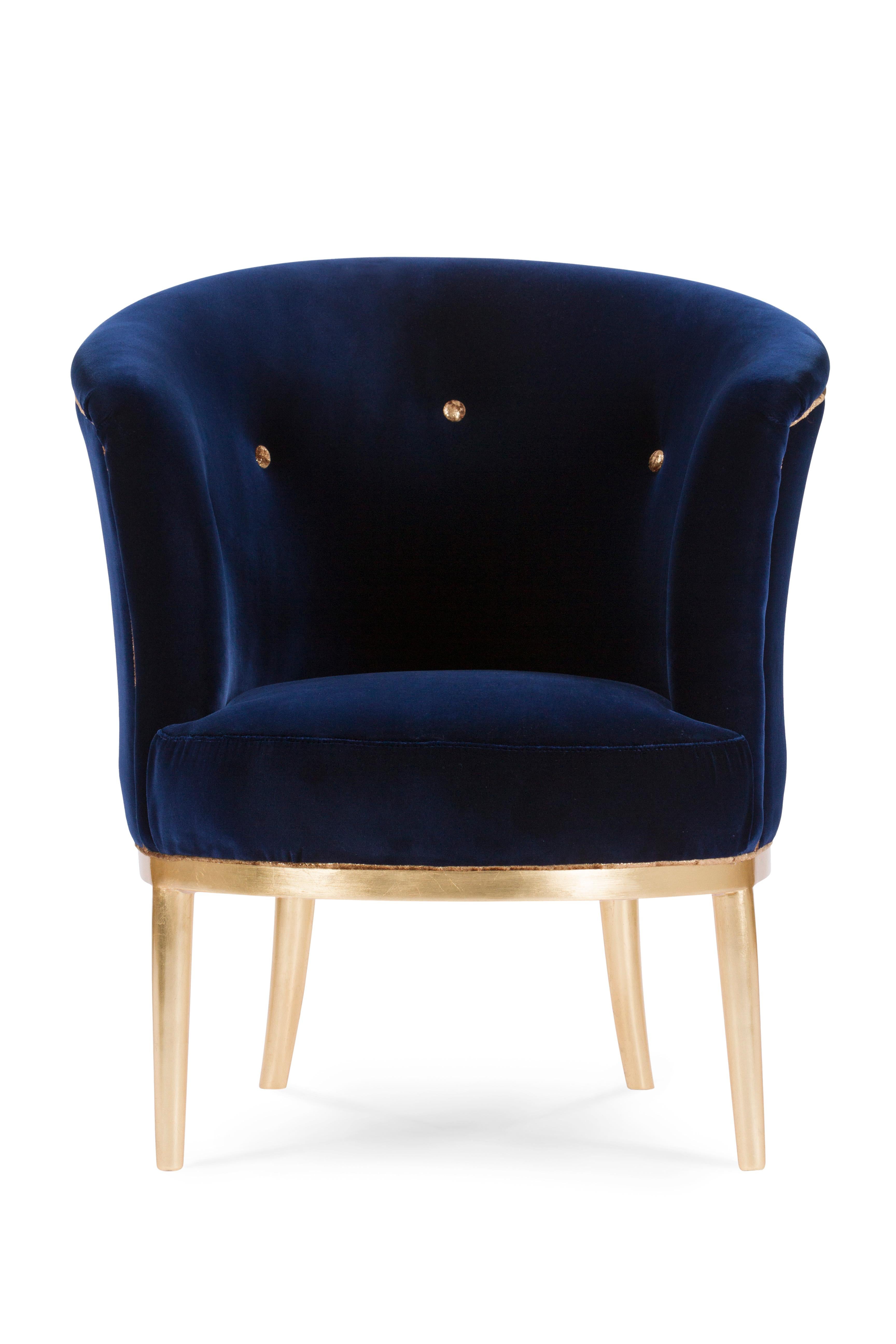 Contemporary Art Deco Lisboa Lounge Chair Blue Velvet Gold Leaf Handmade Portugal Greenapple For Sale
