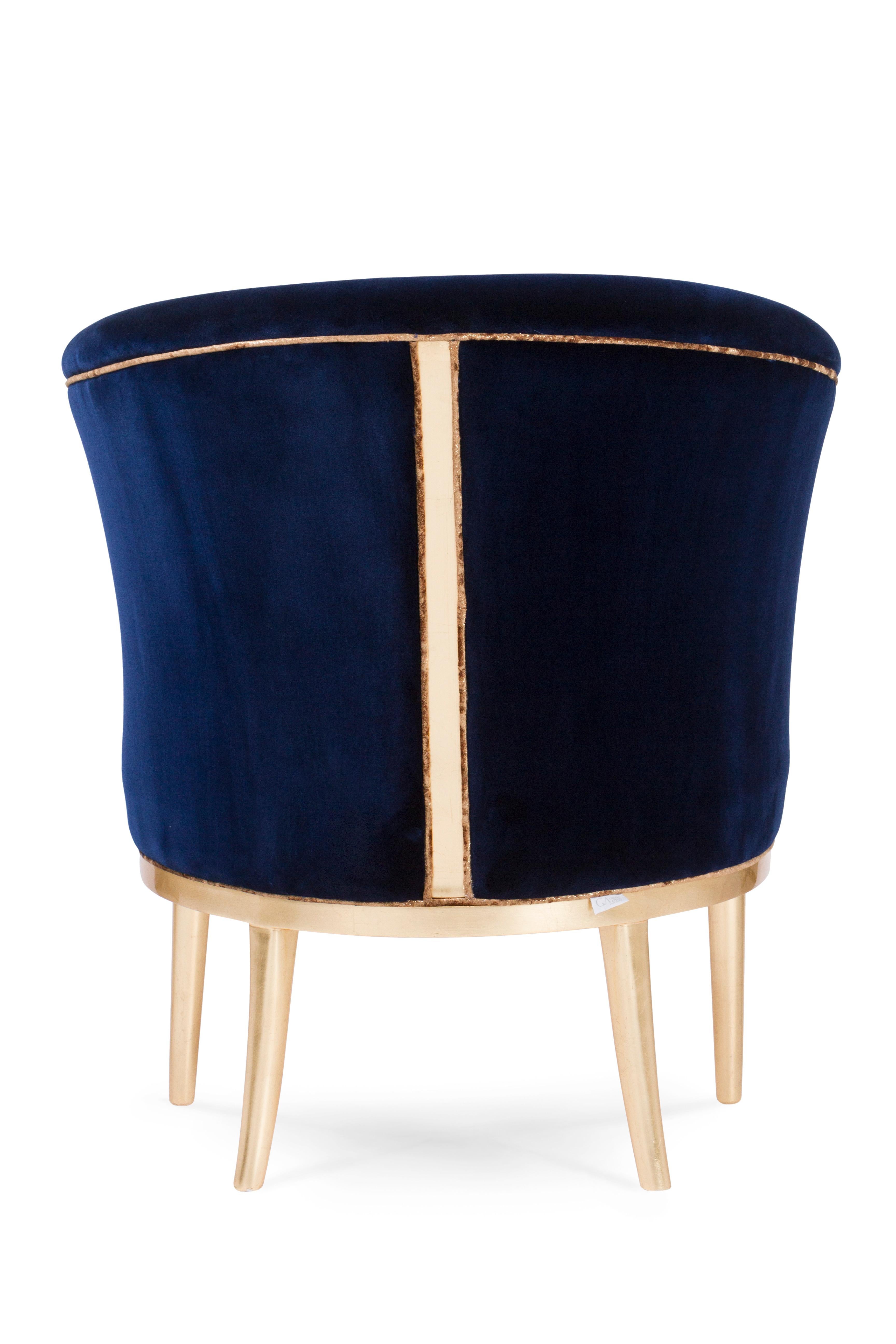 Leather Art Deco Lisboa Lounge Chair Blue Velvet Gold Leaf Handmade Portugal Greenapple For Sale